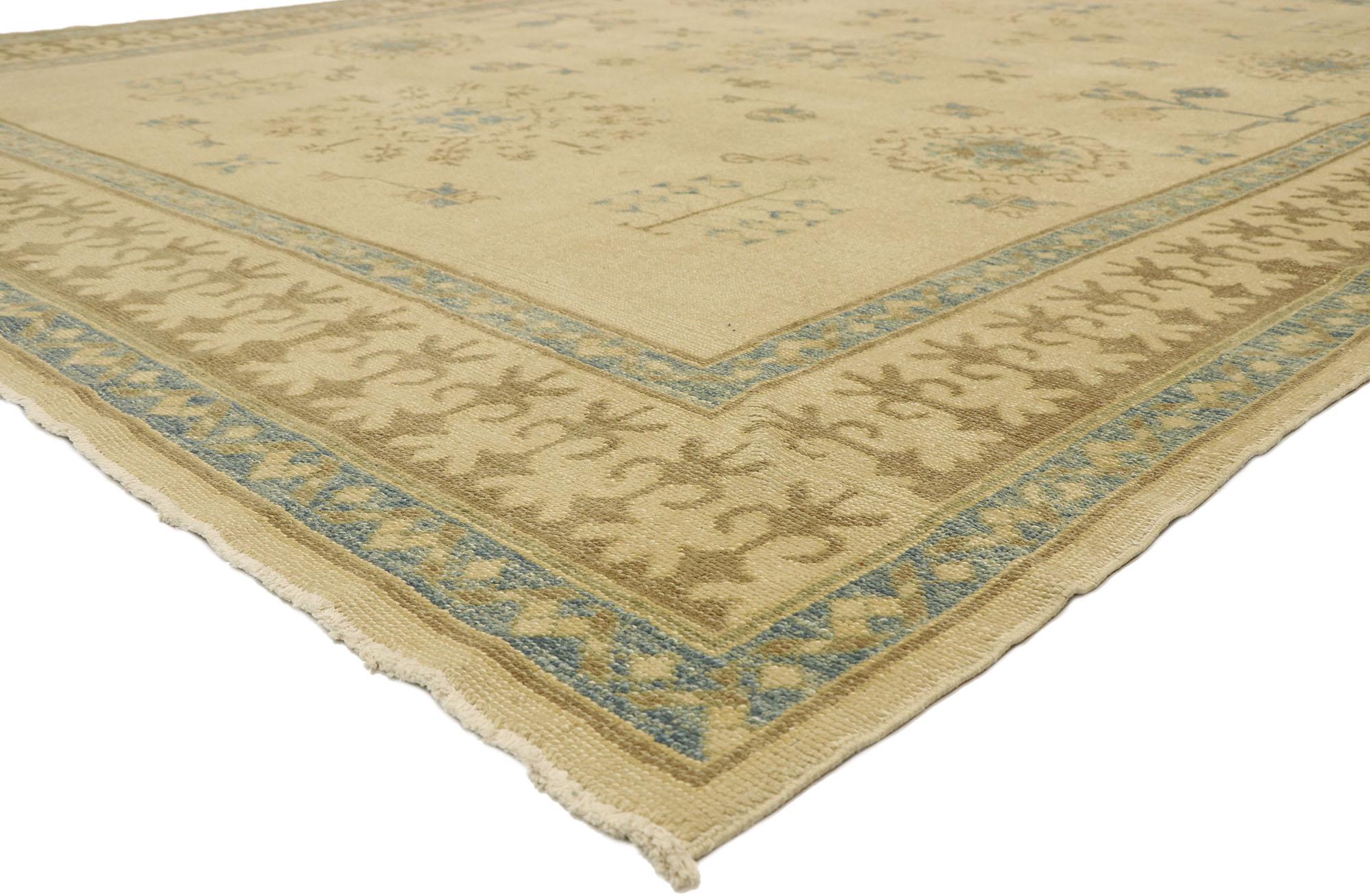 51617 New Contemporary Turkish Oushak rug with Transitional Coastal Cottage style. With its light and airy colors combined with nostalgic coastal cottage charm, this hand knotted wool Turkish Oushak rug creates an inimitable warmth and calming
