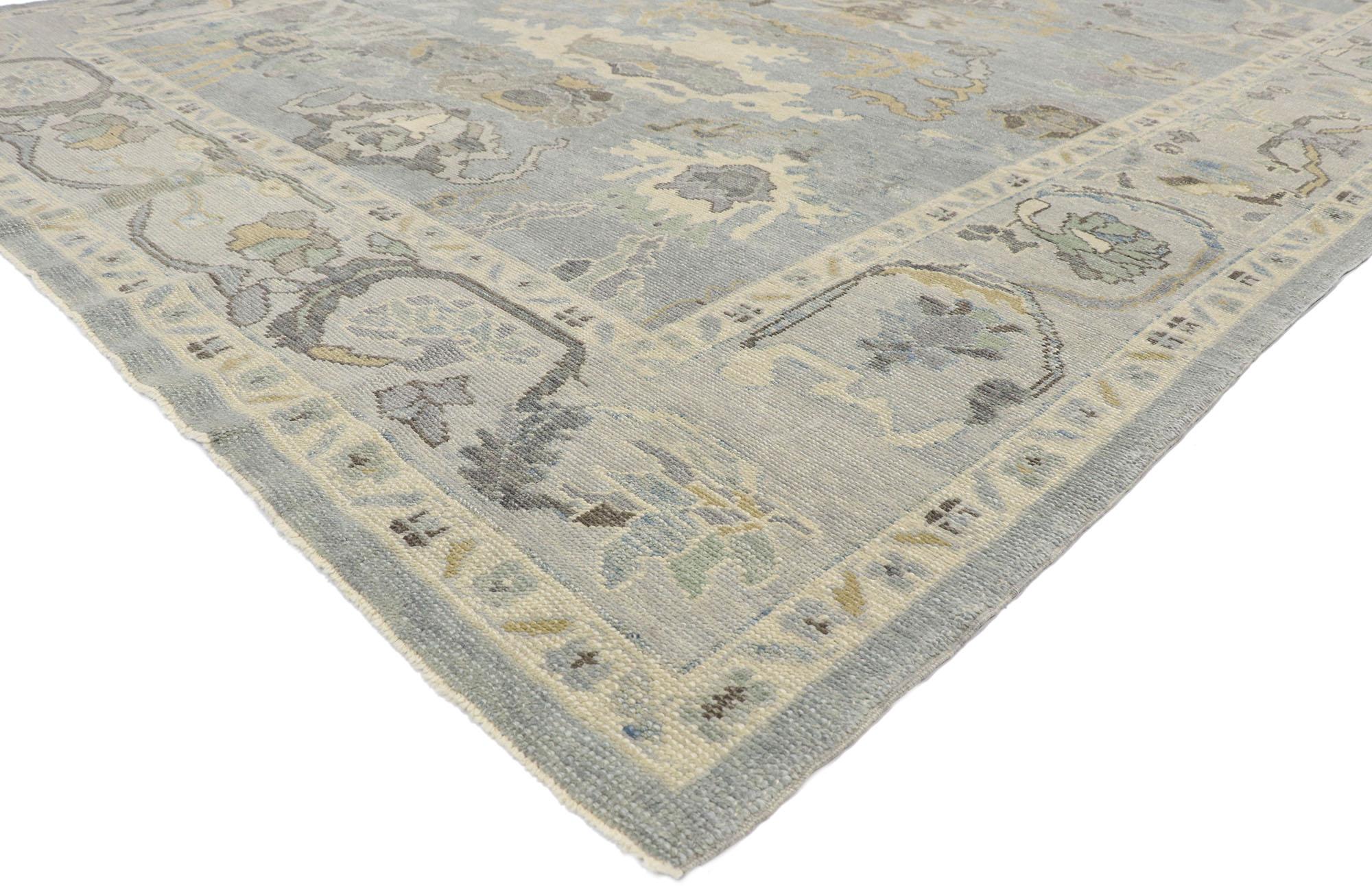 53491, new contemporary Turkish Oushak rug with Transitional Coastal style. Understated elegance combined with cool gray hues and blue undertones, this hand-knotted wool contemporary Turkish Oushak rug creates an inimitable warmth and calming