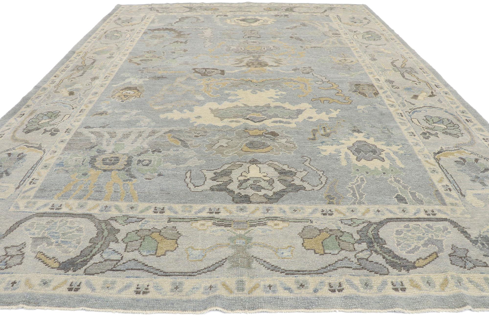 Hand-Knotted New Contemporary Turkish Oushak Rug with Transitional Coastal Style For Sale