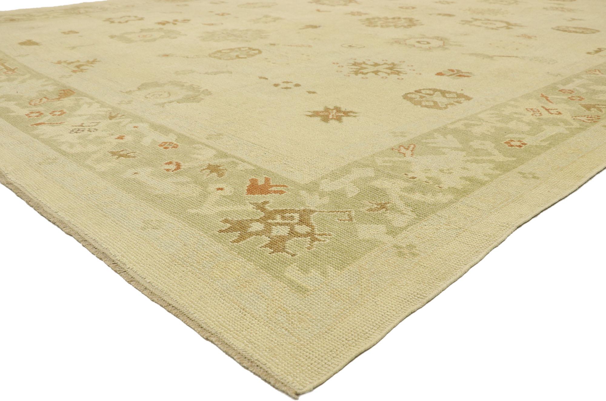 ??51609 new contemporary Turkish Oushak rug with Transitional Cottage style. ?Blending elements from the modern world with neutral colors, this hand knotted wool contemporary Turkish Oushak rug will boost the coziness factor in nearly any space. It