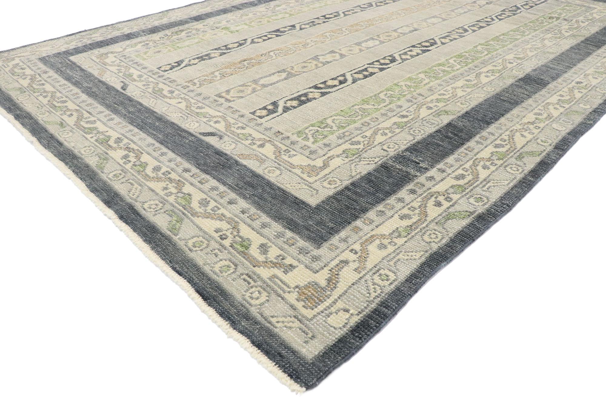 53426 New contemporary Turkish Oushak rug with Transitional modern style. Blending elements from the modern world with a cool and tranquil color palette, this hand knotted wool contemporary Turkish Oushak rug is poised to impress. The geometric