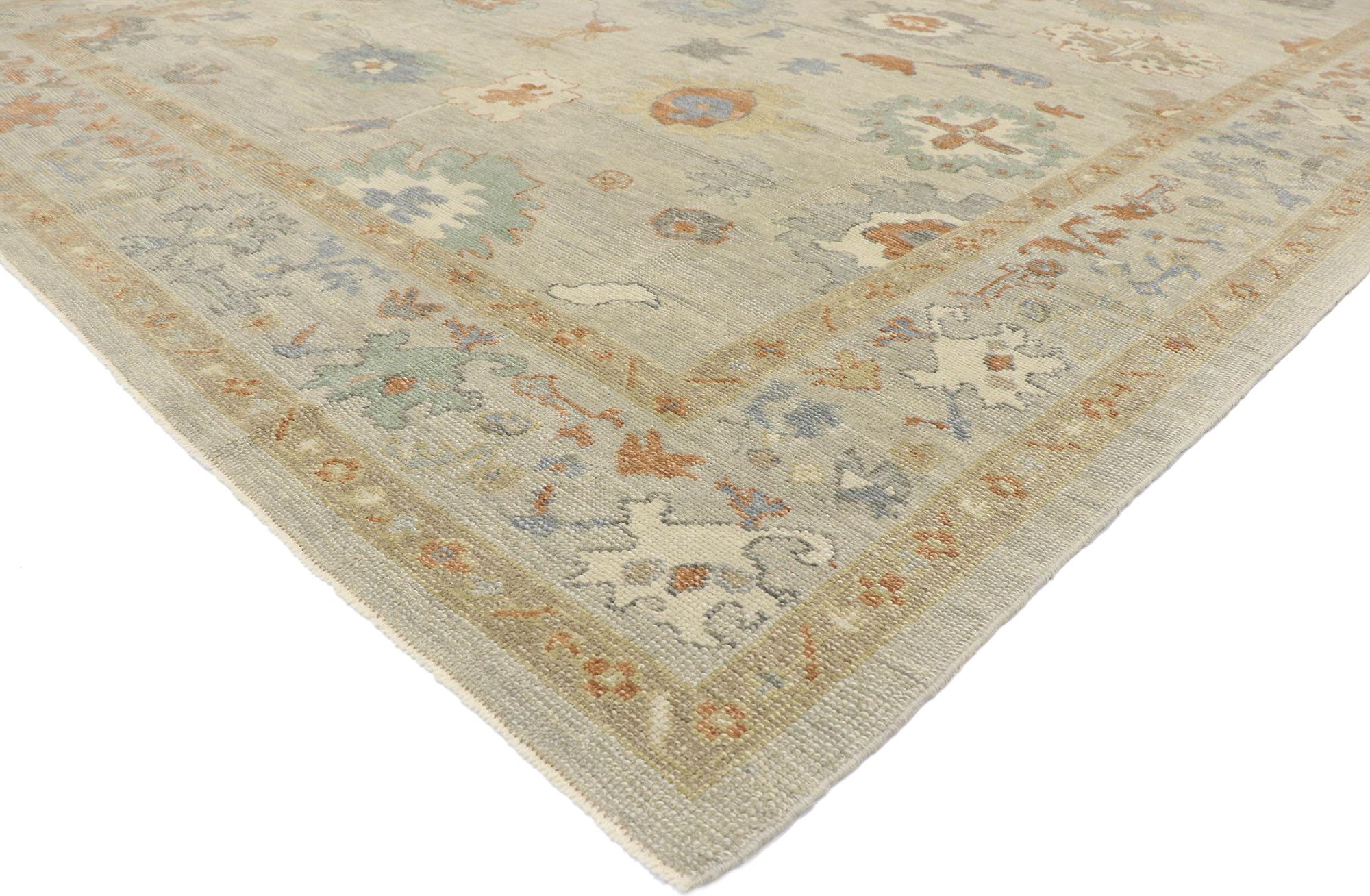 53514, new contemporary Turkish Oushak rug with transitional modern style 09'11 x 12'06. Playful and polished, this hand-knotted wool contemporary Turkish Oushak rug features an all-over botanical pattern spread across an abrashed light gray field.