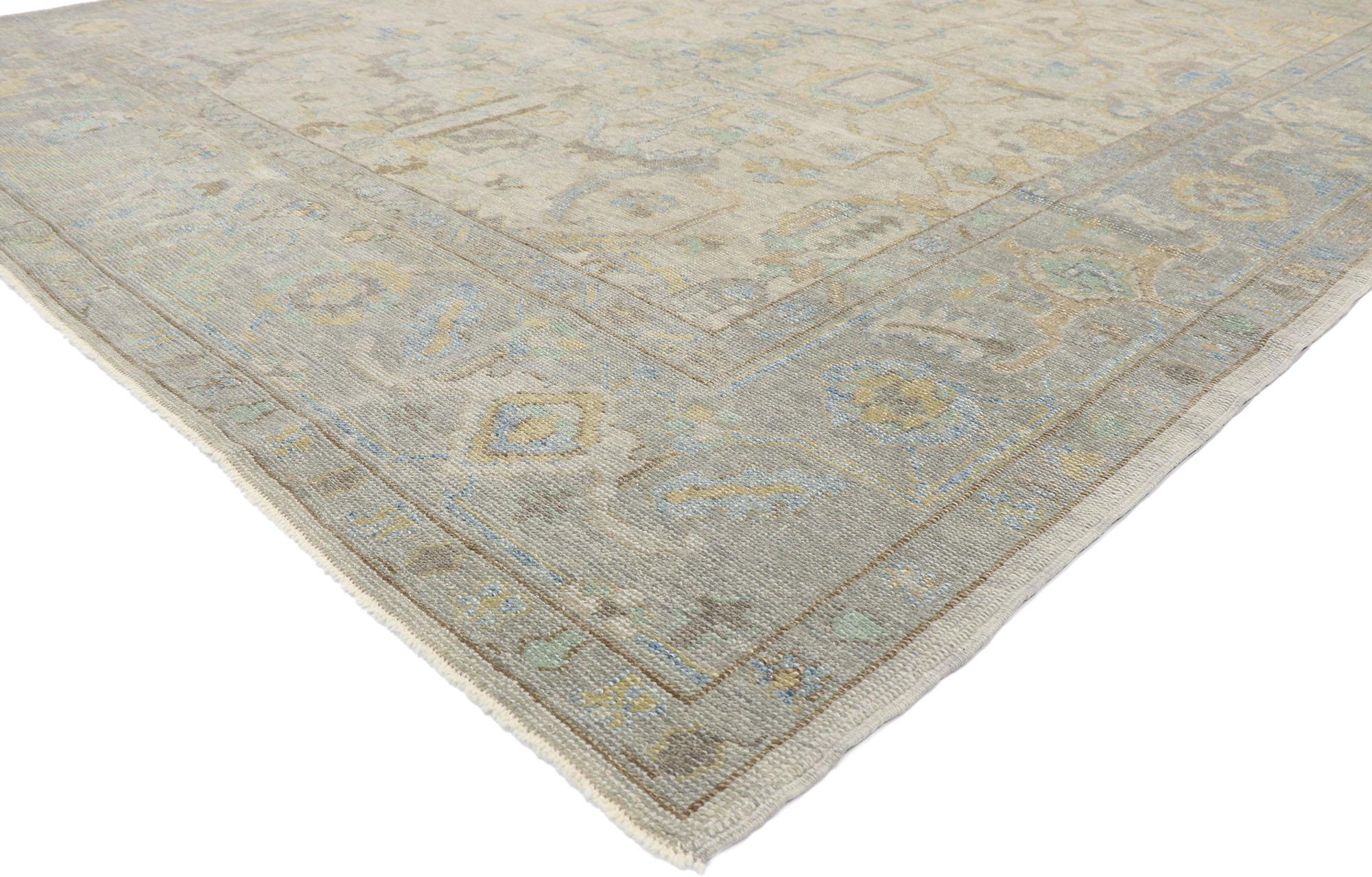 53493, new contemporary Turkish Oushak rug with transitional modern style 09'01 x 11'11. This hand-knotted wool contemporary Turkish Oushak rug features an all-over botanical pattern spread across an abrashed gray field. An array of botanical motifs
