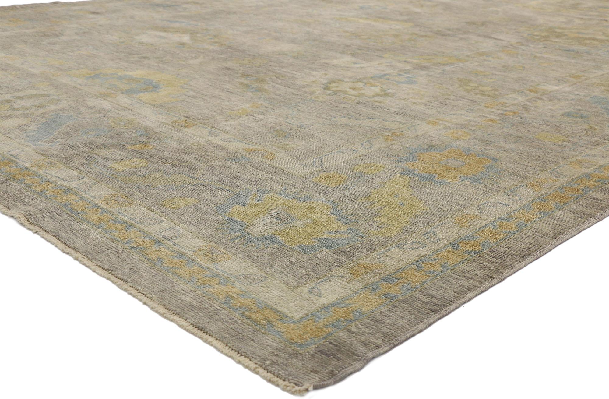 52491, new contemporary Turkish Oushak rug with transitional style. This hand knotted wool contemporary Turkish Oushak area rug features an all-over large scale geometric pattern composed of Harshang-style motifs, blooming palmettes, leafy tendrils,