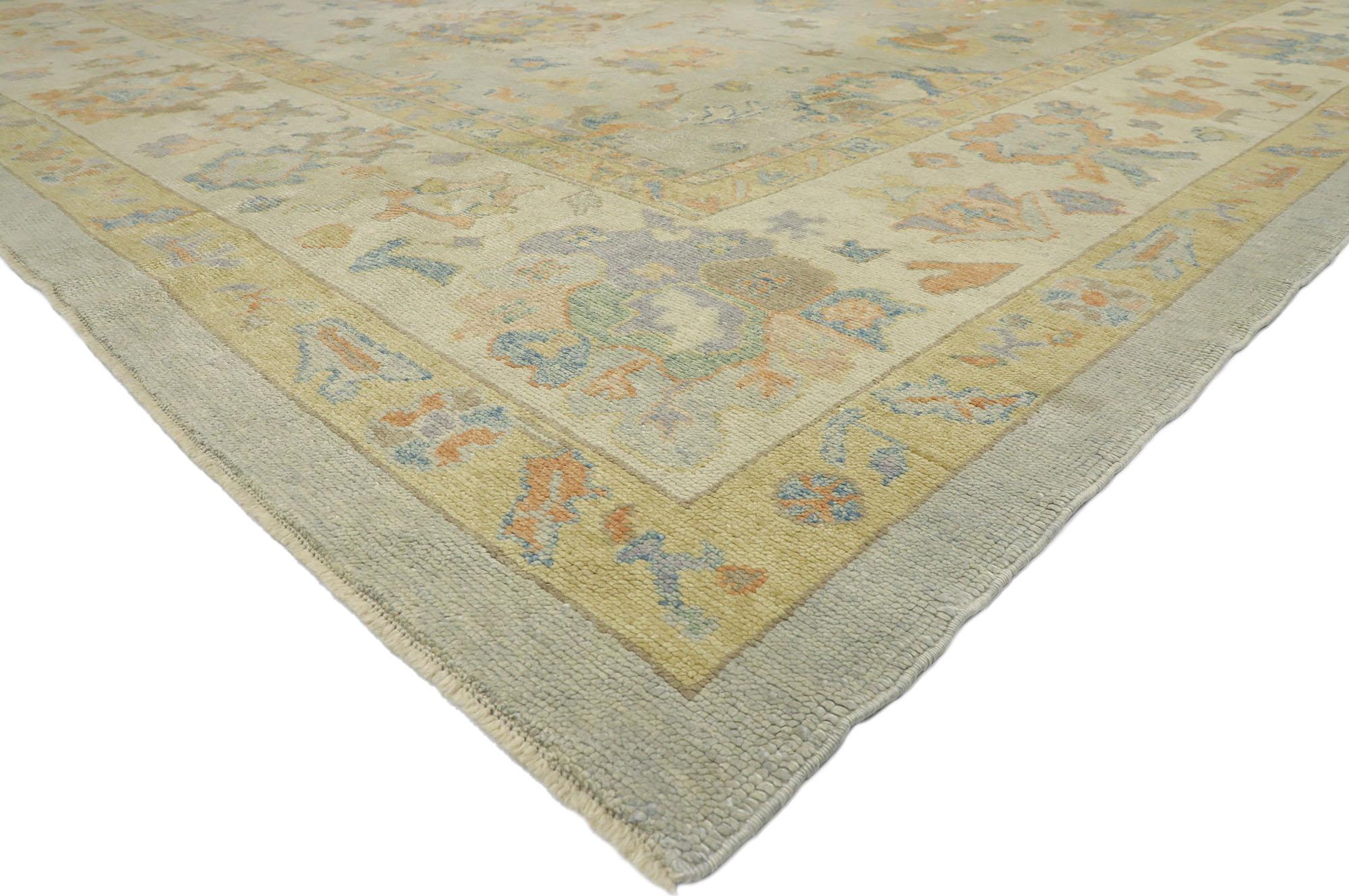 52733, new contemporary Turkish Oushak rug with Transitional style 12'03 x 15'10. Blending elements from the modern world with light and airy colors, this hand knotted wool contemporary Turkish Oushak style area rug will boost the coziness factor in