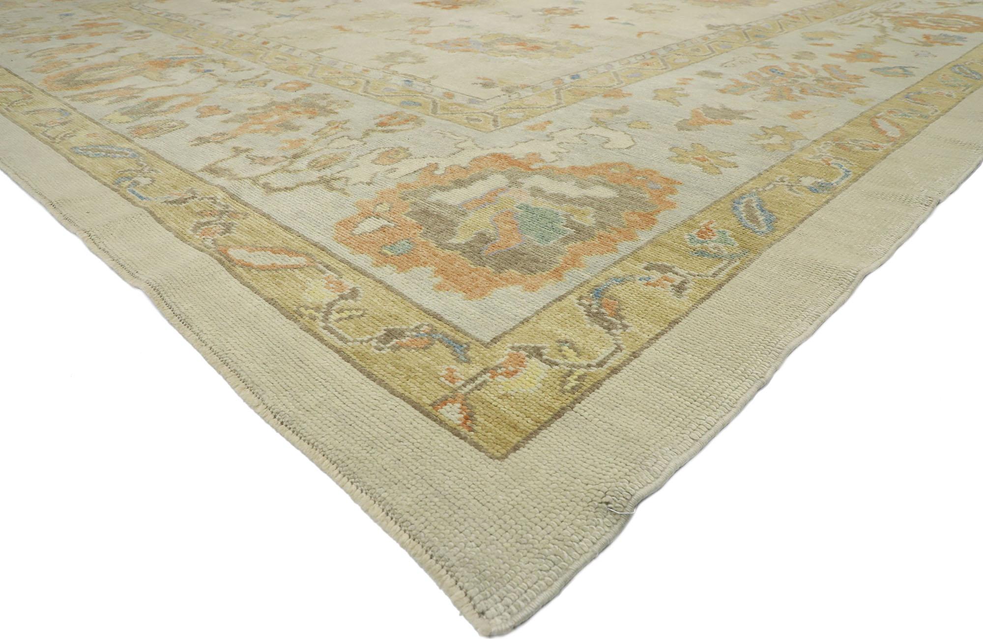 52734, new contemporary Turkish Oushak rug with Transitional style. Blending elements from the modern world with light and airy colors, this hand knotted wool contemporary Turkish Oushak style area rug will boost the coziness factor in nearly any