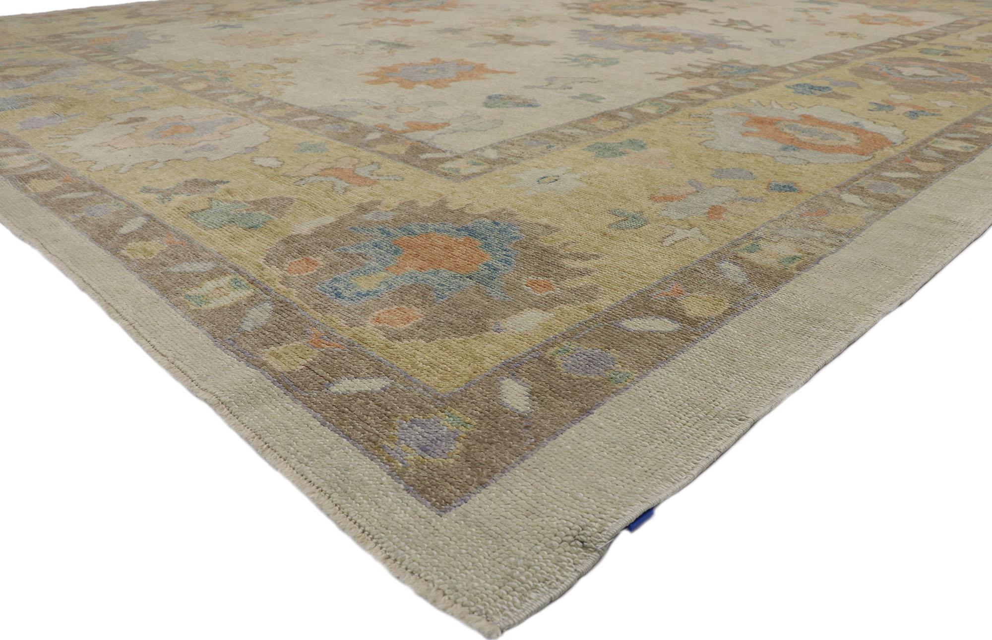 52735, New Contemporary Turkish Oushak Rug with Transitional Coastal Style. Blending elements from the modern world with light and airy colors, this hand knotted wool contemporary Turkish Oushak style area rug will boost the coziness factor in