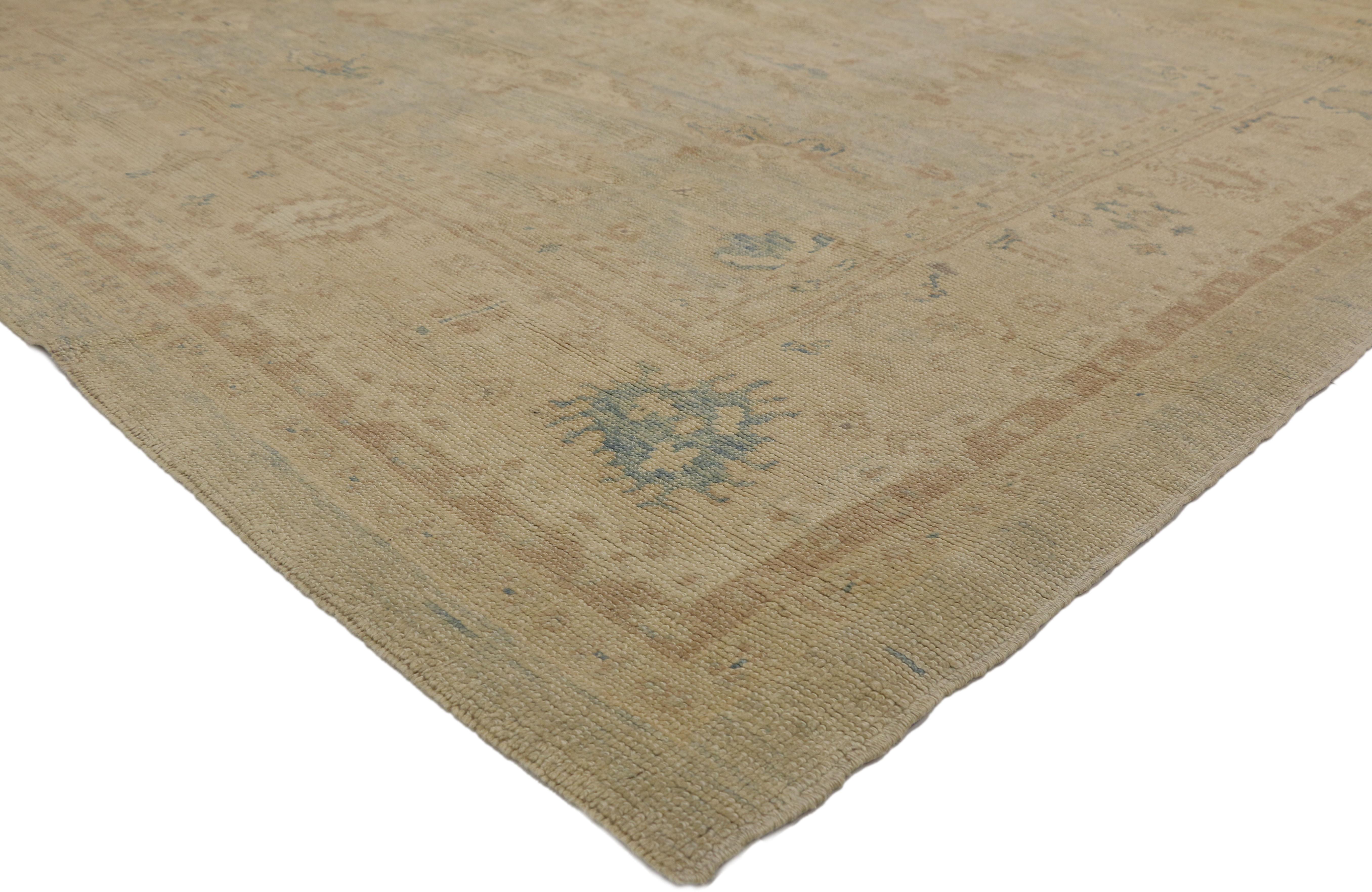 50496 New Contemporary Turkish Oushak rug with Transitional style. This hand knotted wool contemporary Turkish Oushak area rug features an all-over geometric pattern composed of Harshang-style motifs, blooming palmettes, leafy tendrils, and organic