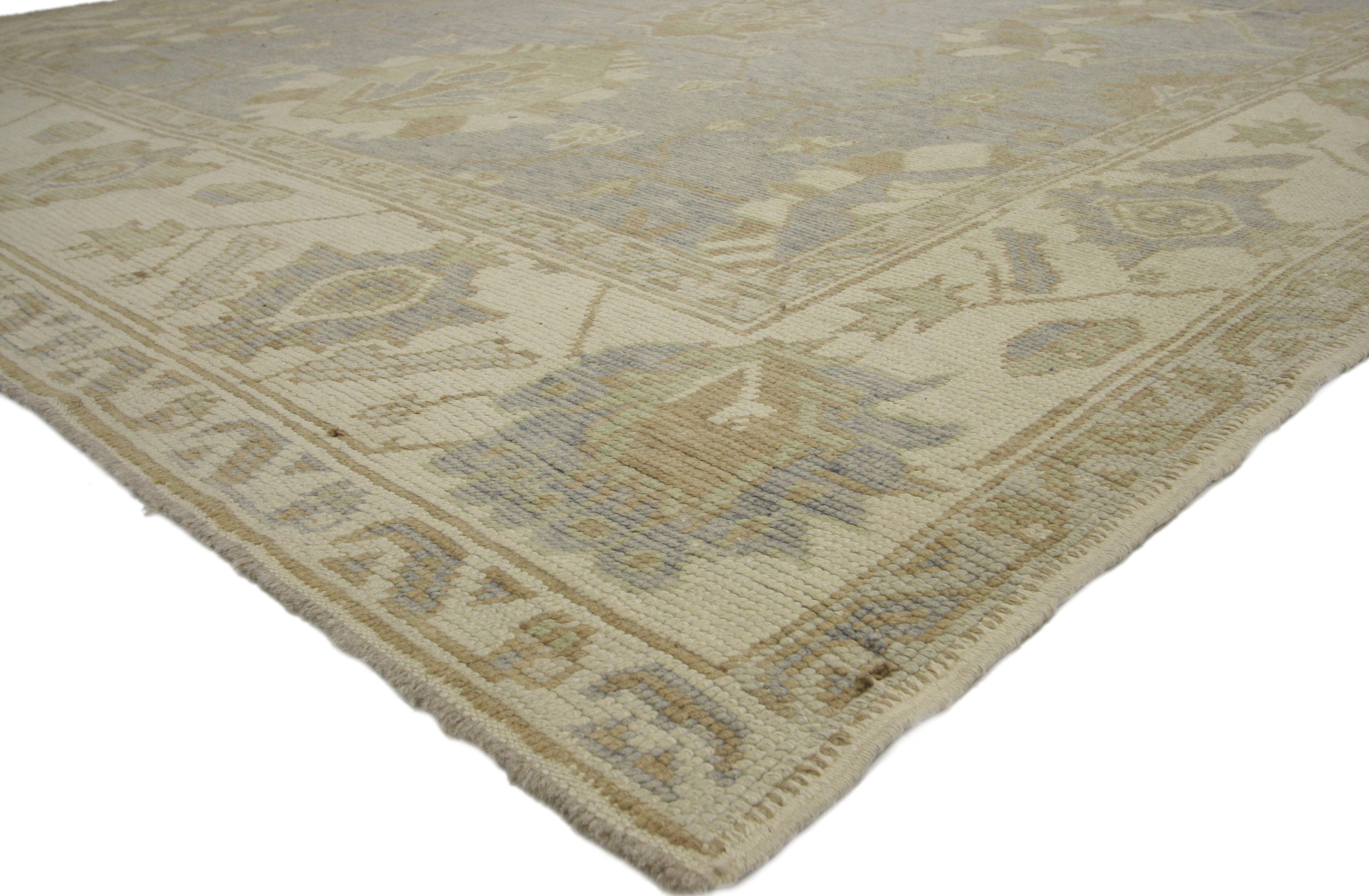 51620 New Turkish Oushak Rug, 09'03 x 12'00. Emanating timeless style with incredible detail and texture, this hand knotted wool Turkish Oushak rug is a captivating vision of woven beauty. The traditional design and neutral colorway woven into this
