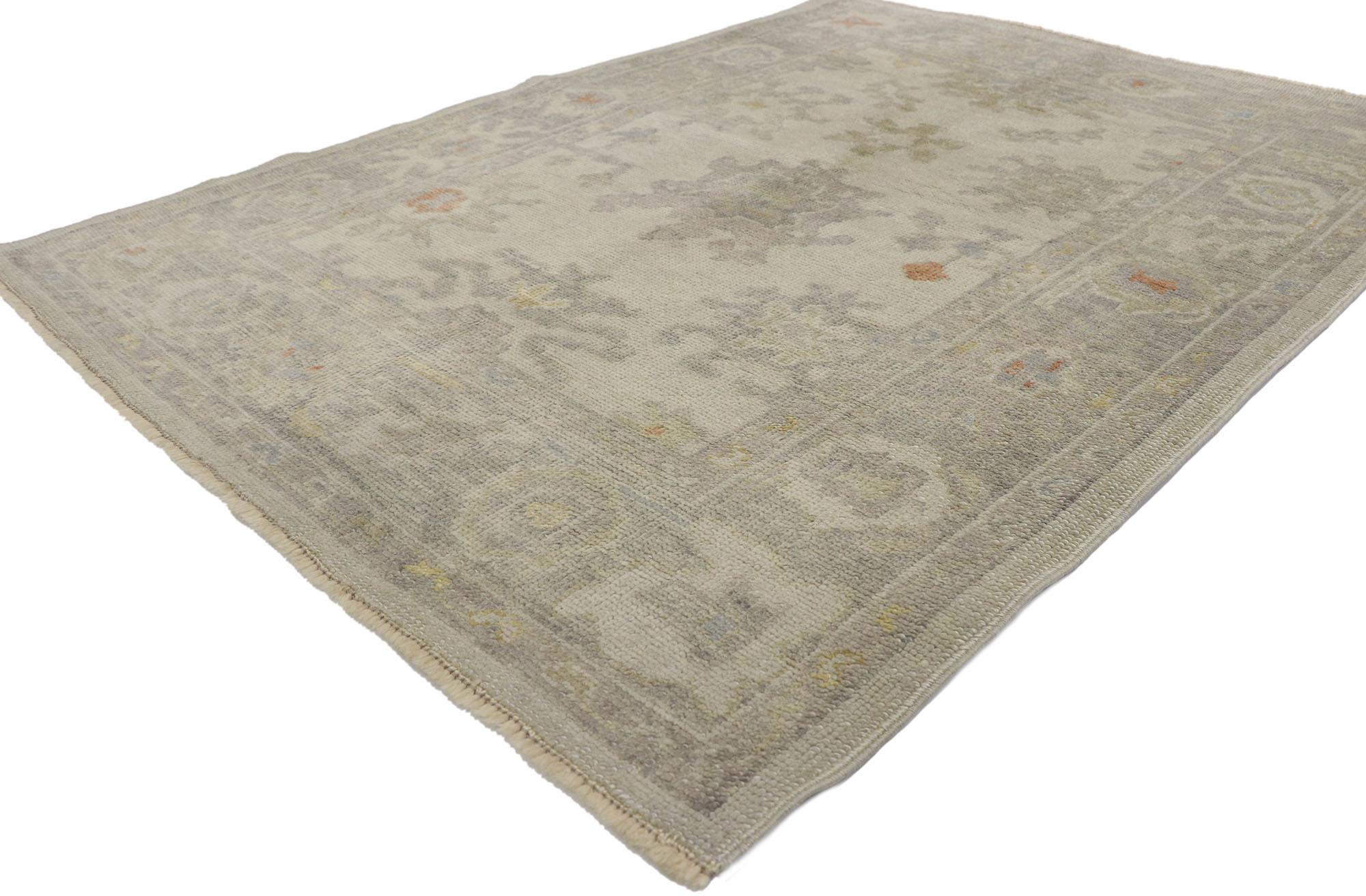 53609 new contemporary Turkish oushak rug with Transitional style 04'02 x 05'07. Warm and inviting with neutral colors, this hand-knotted wool contemporary Turkish Oushak rug beautifully embodies a transitional style. The abrashed oyster gray field