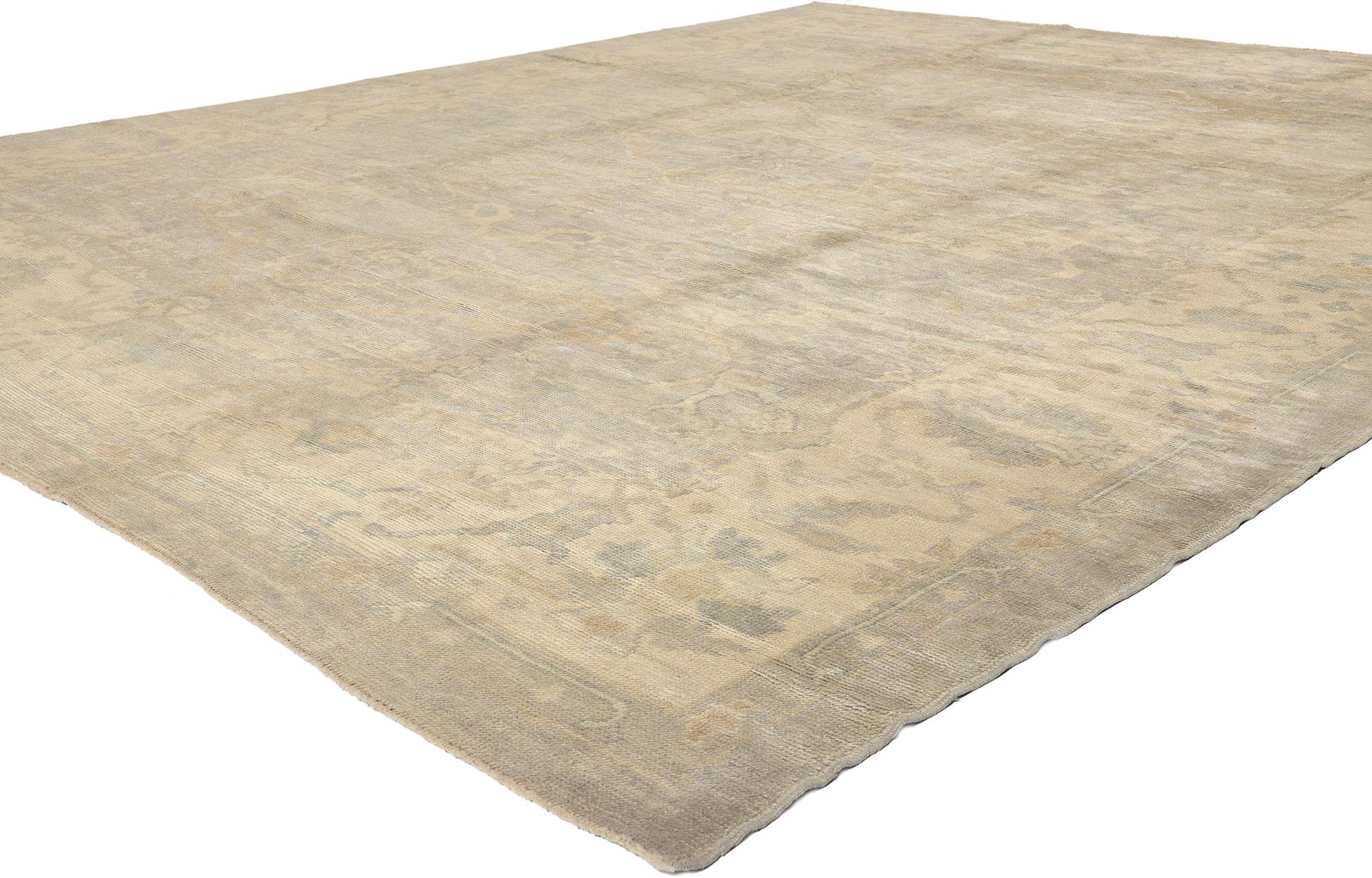51858 New Neutral Turkish Oushak Rug, 10'10 x 12'08. In the mesmerizing realm of contemporary elegance and Anatolian allure, this hand-knotted wool Turkish Oushak rug weaves a story of timeless charm. Within its abrashed silver-gray field, a