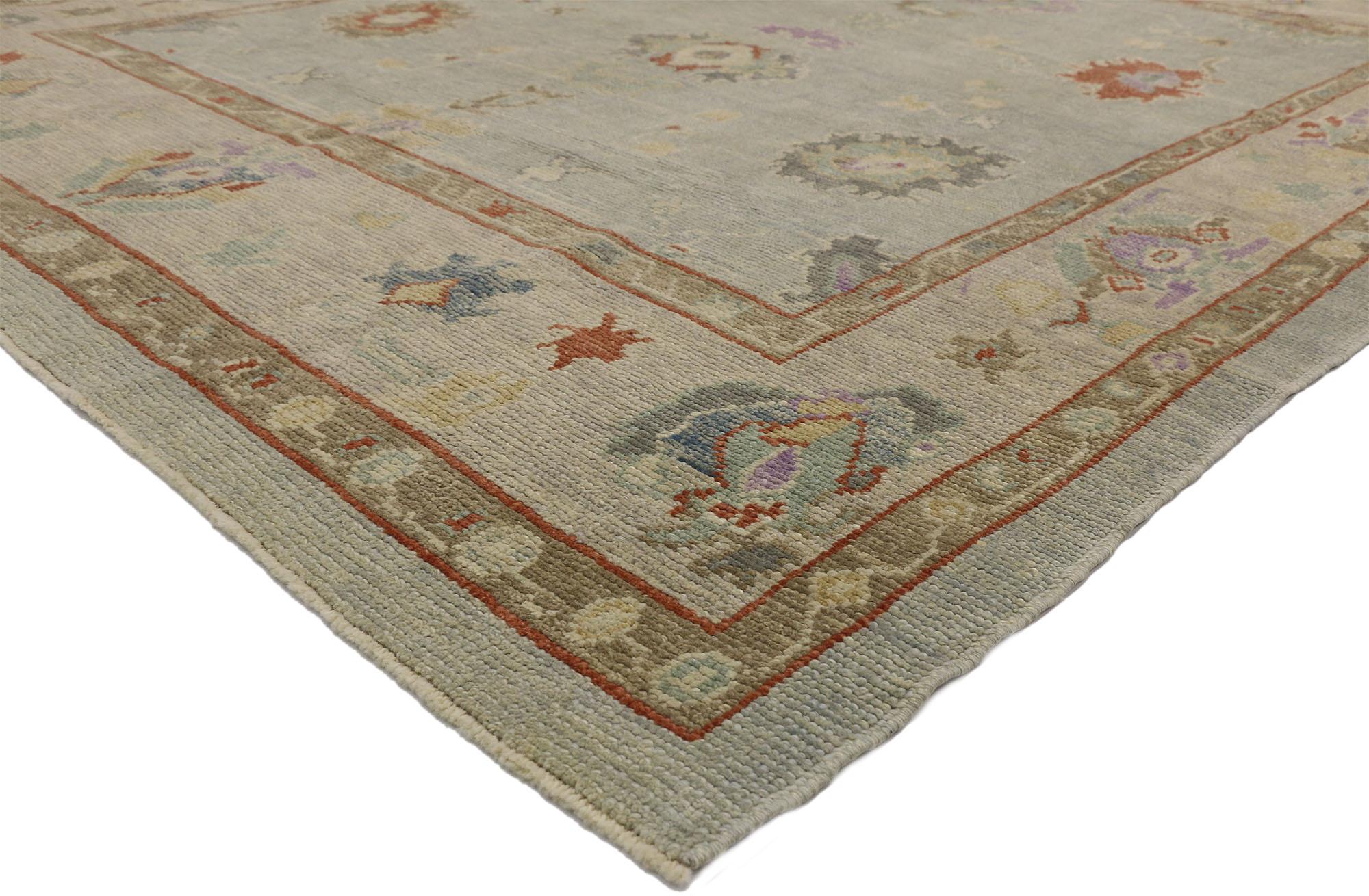 52525 New Contemporary Turkish Oushak rug with Transitional style. This hand knotted wool contemporary Turkish Oushak area rug features an all-over geometric pattern composed of Harshang-style motifs, delicate palmettes, thin rectilinear vines, and