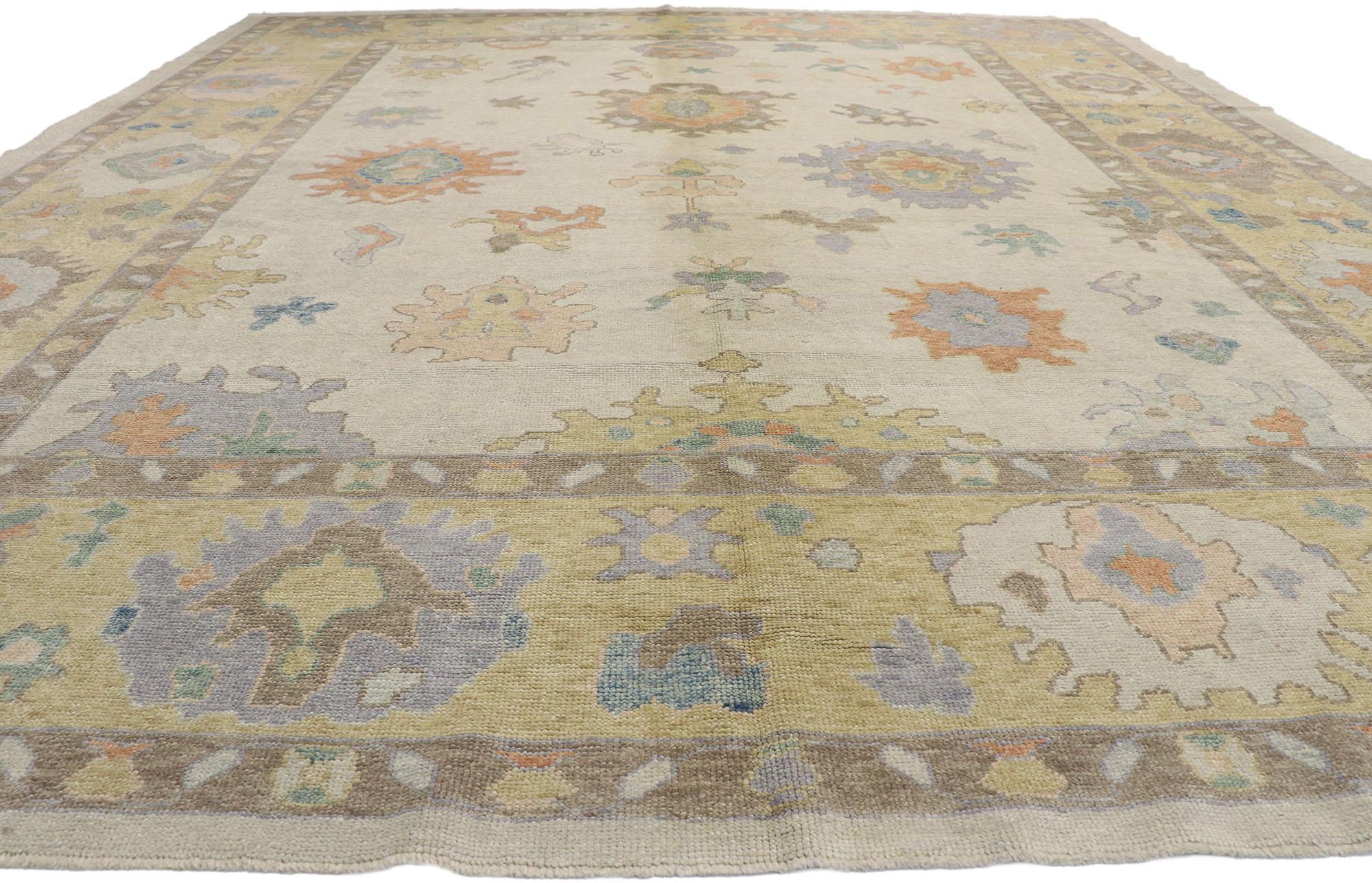 Hand-Knotted New Contemporary Turkish Oushak Rug with Transitional Coastal Style For Sale