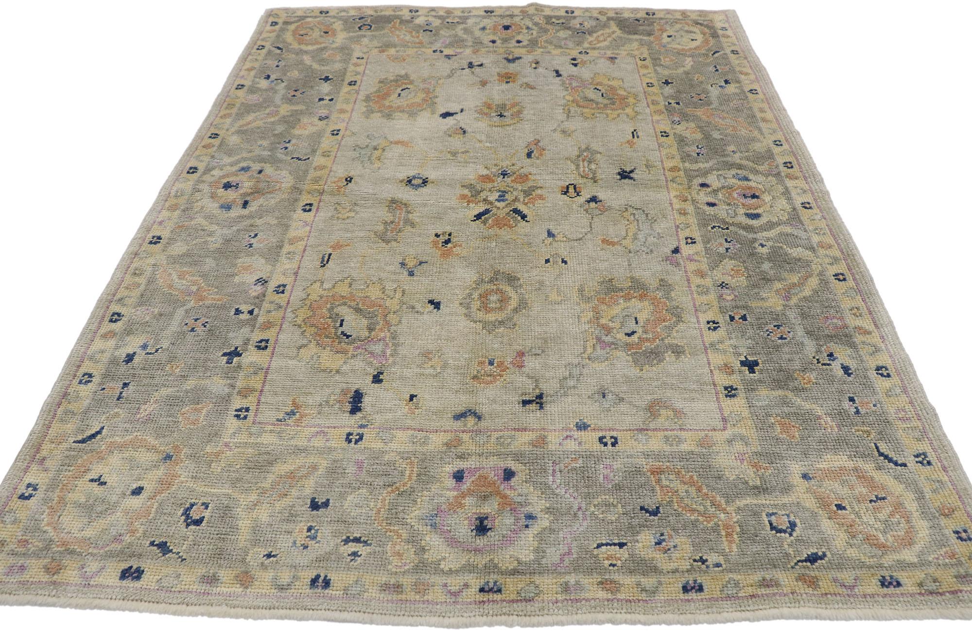 Hand-Knotted New Contemporary Turkish Oushak Rug with Transitional Style For Sale
