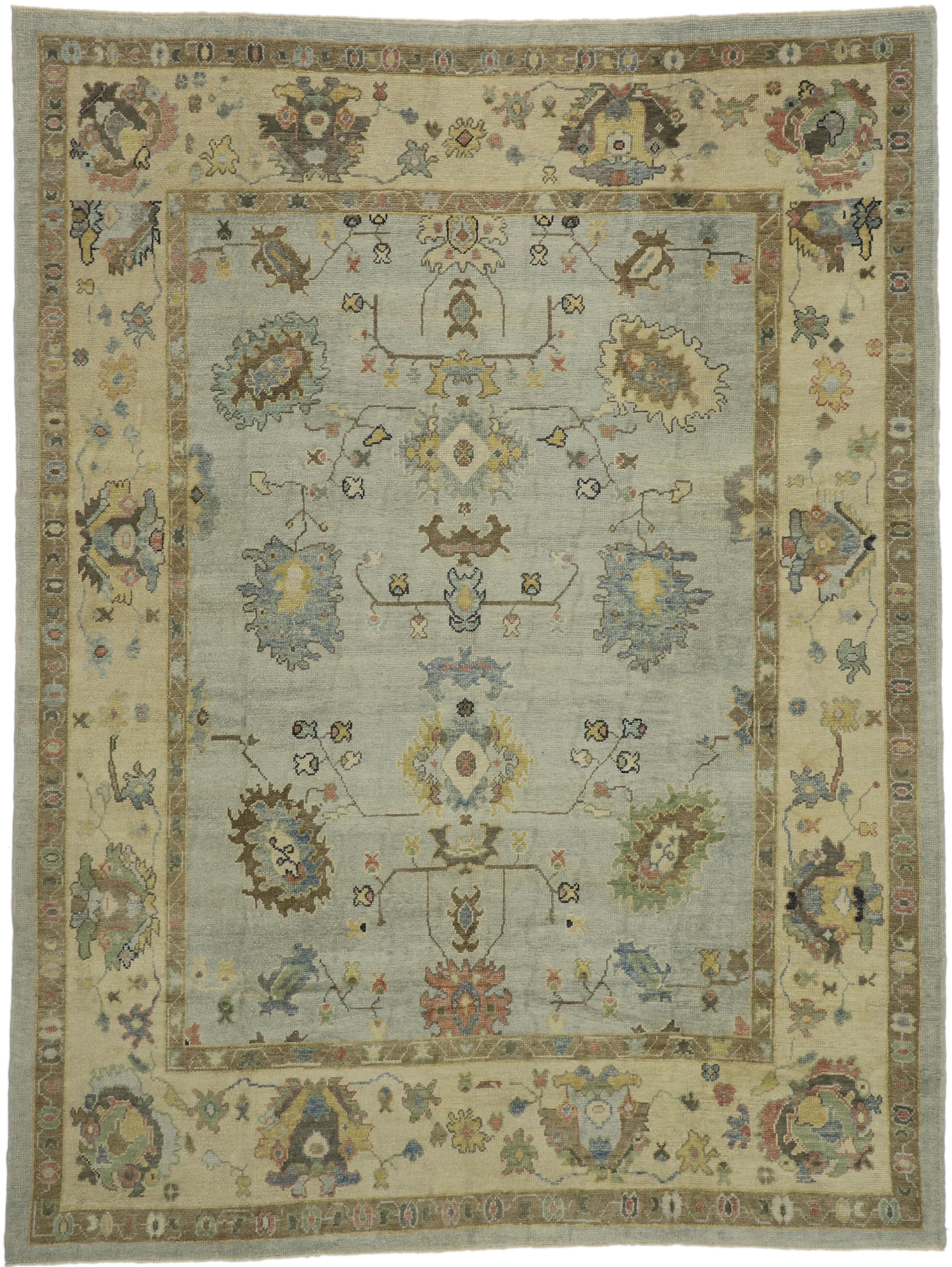 52514 New Contemporary Turkish Oushak rug with Transitional style. This hand knotted wool contemporary Turkish Oushak area rug features an all-over large-scale geometric pattern composed of Harshang-style motifs, blooming palmettes, stylized
