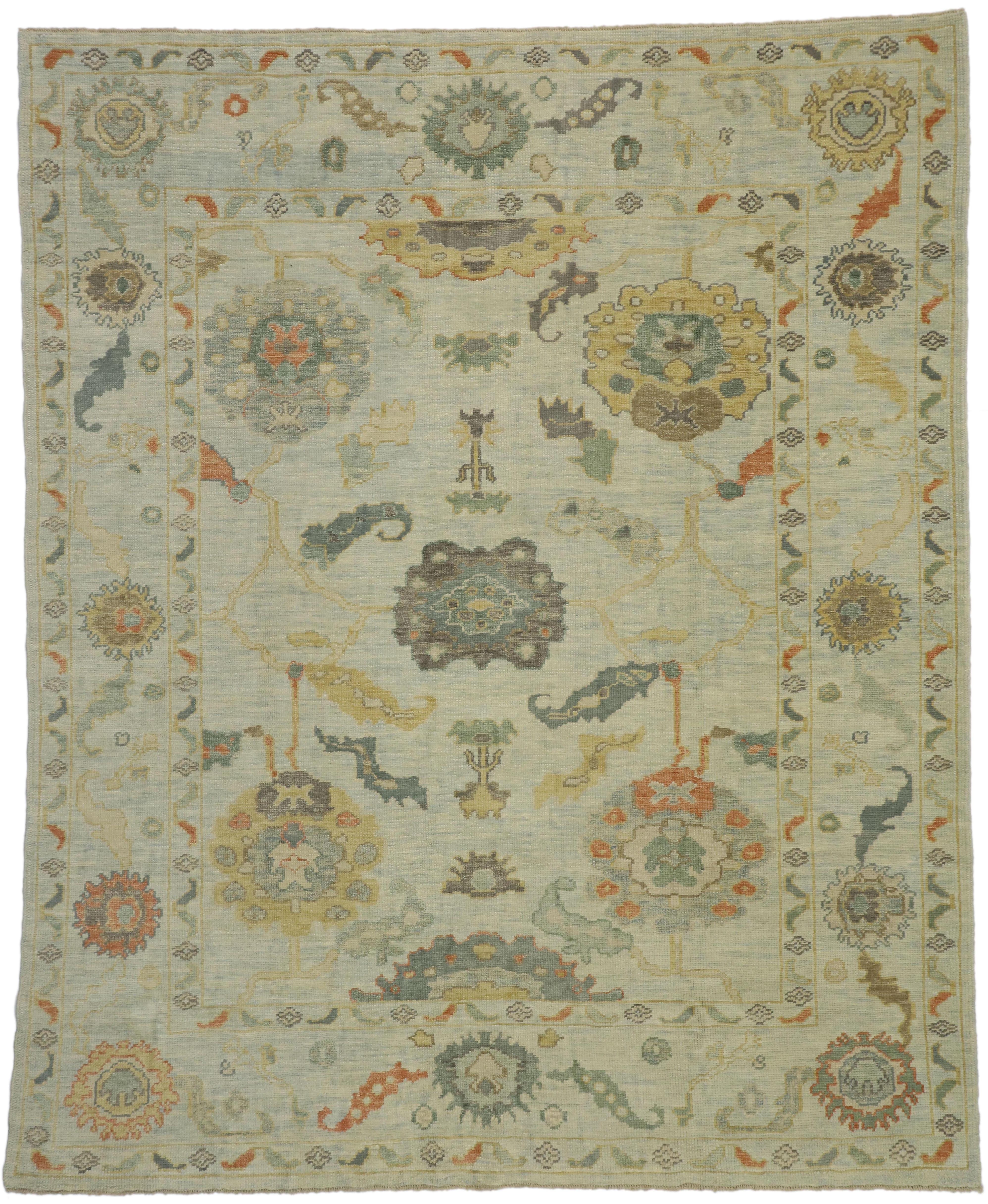 52515, new contemporary Turkish Oushak rug with Transitional style. This hand knotted wool contemporary Turkish Oushak area rug features an all-over large scale geometric pattern composed of Harshang-style motifs, blooming palmettes, curled sickle