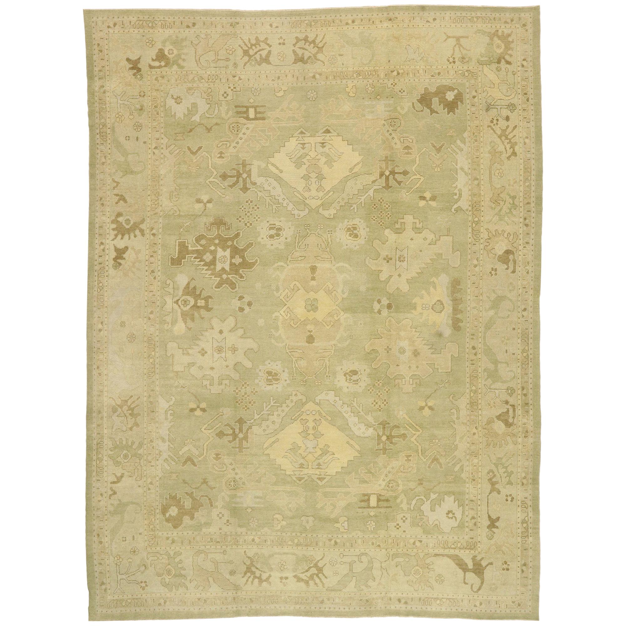 Modern Oushak Turkish Rug with Light Earth-Tone Colors For Sale