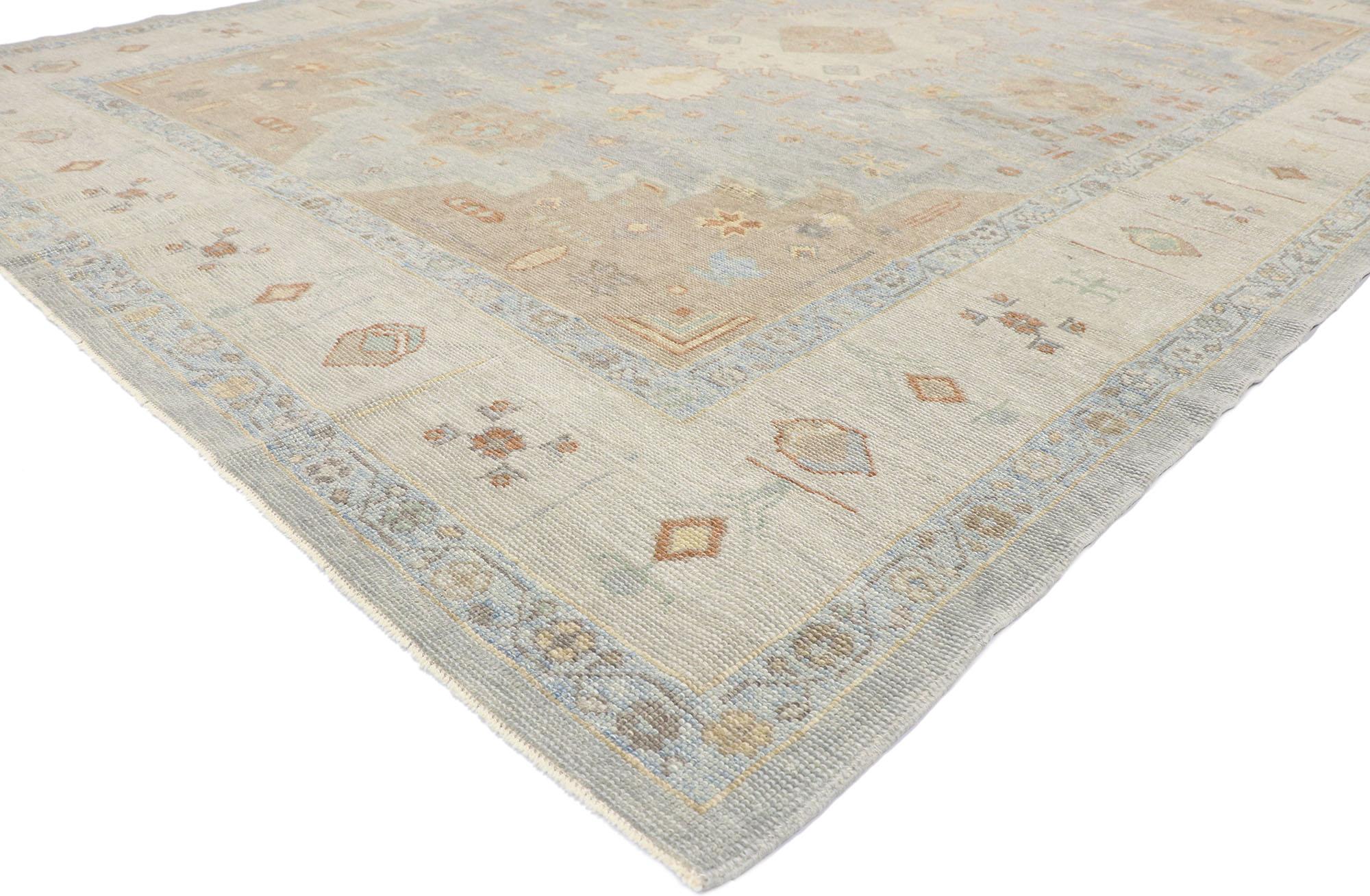 53490, new contemporary Turkish Oushak rug with transitional tribal stylw. Warm and inviting with neutral colors, this hand-knotted wool contemporary Turkish Oushak rug beautifully embodies tribal style with a transitional vibe. The abrashed gray