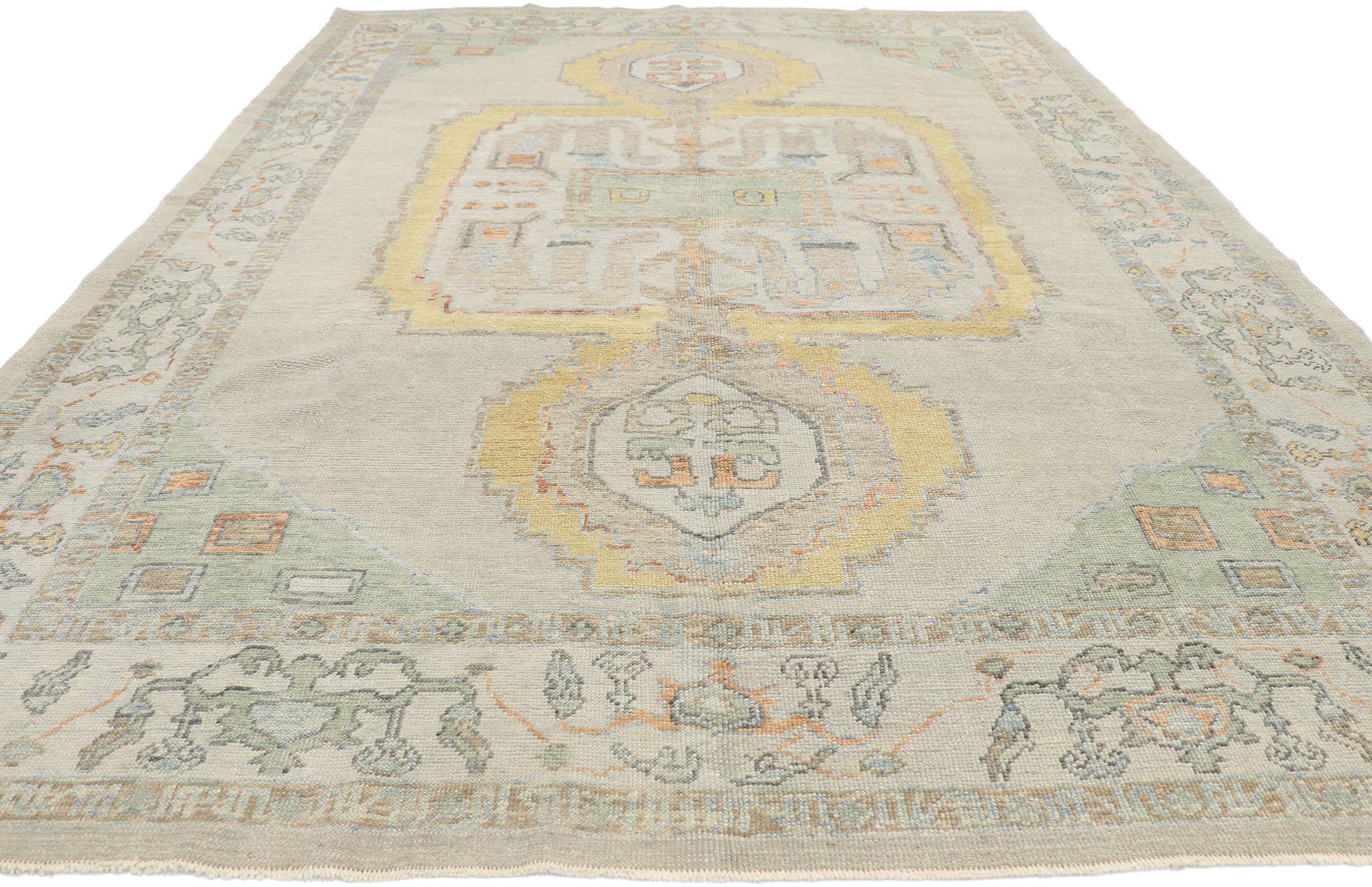 Hand-Knotted New Contemporary Turkish Oushak Rug with Transitional Tribal Style For Sale