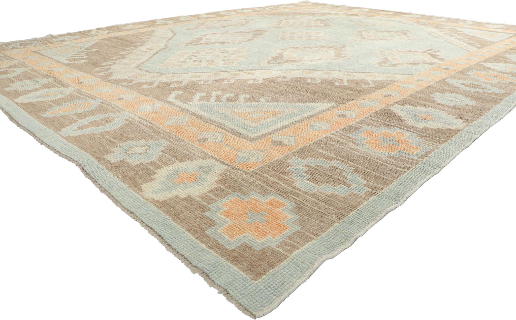 53603 new contemporary Turkish Oushak rug with Tribal style 10'07 x 13'02. With its expressive tribal design, incredible detail and texture, this hand-knotted wool contemporary Turkish Oushak rug is a captivating vision of woven beauty. The abrashed