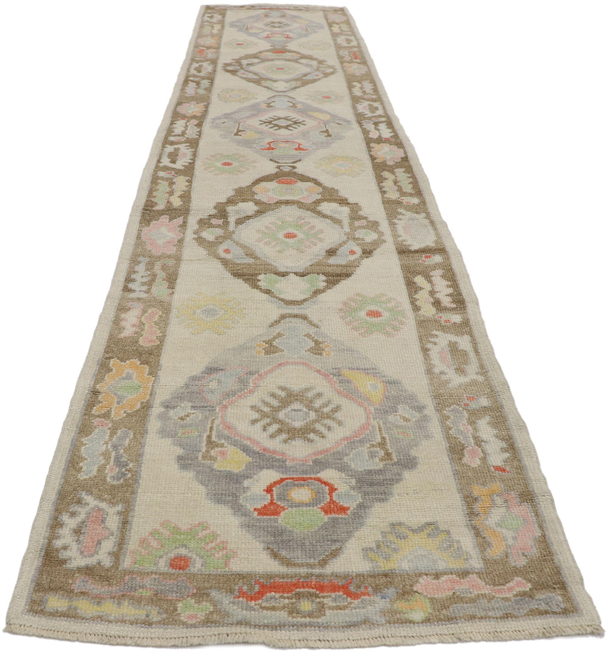 Hand-Knotted New Contemporary Turkish Oushak Runner with Bohemian Style For Sale