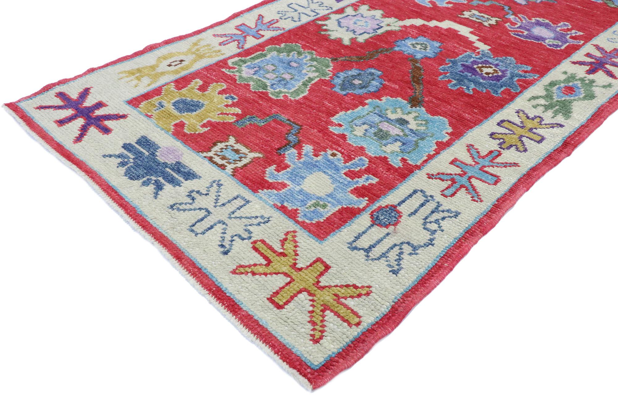 53464, new contemporary Turkish Oushak runner with eclectic modern nautical style. Blending elements from the modern world with a vibrant color palette, this hand knotted wool contemporary Turkish Oushak runner is poised to impress. It features an