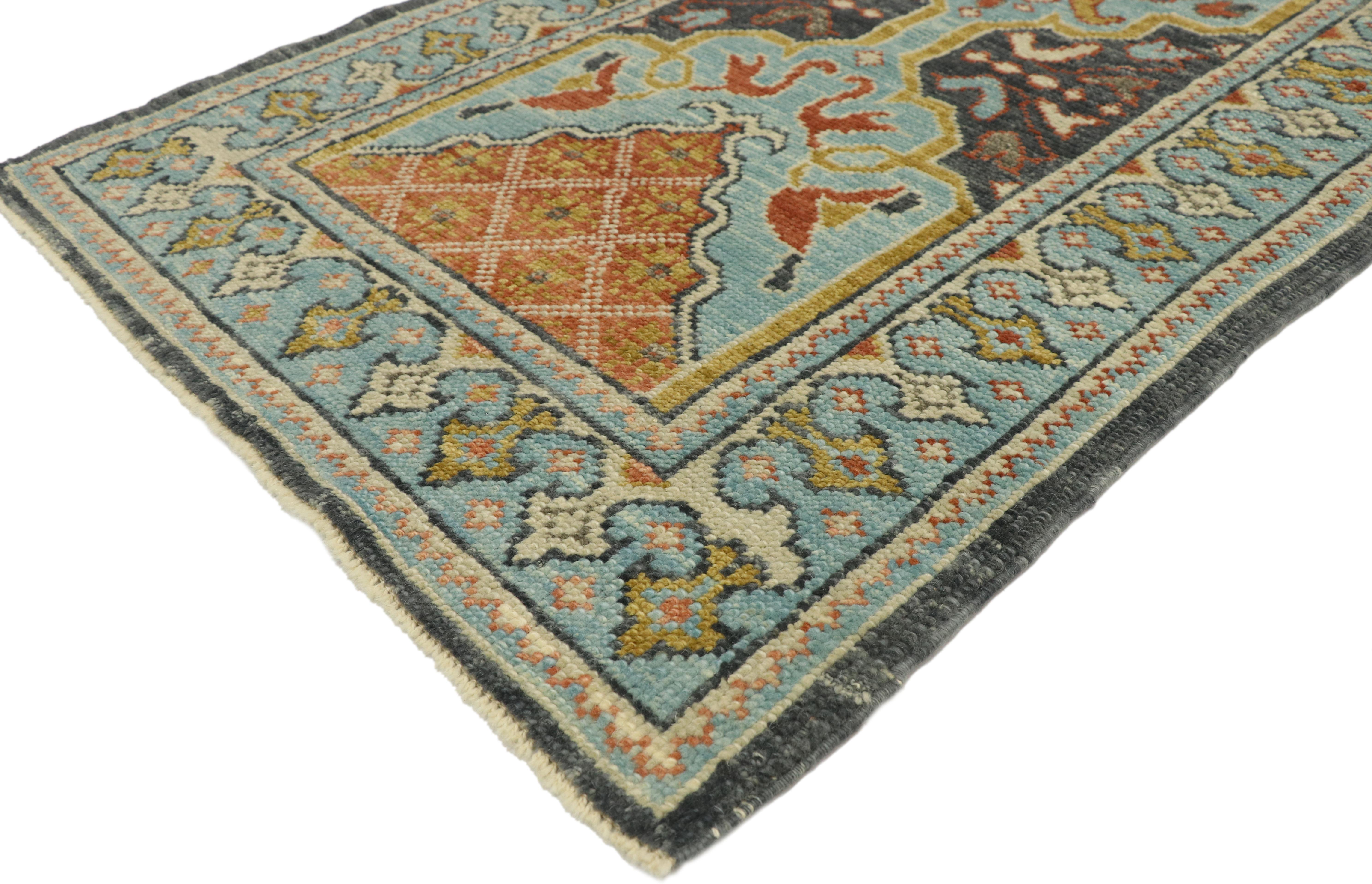 52825 new contemporary Turkish Oushak runner with modern Italian cottage style. With brilliant sky blues and warm terracotta hues inspired by Italy, this hand knotted wool new contemporary Turkish Oushak runner beautifully embodies an Italian