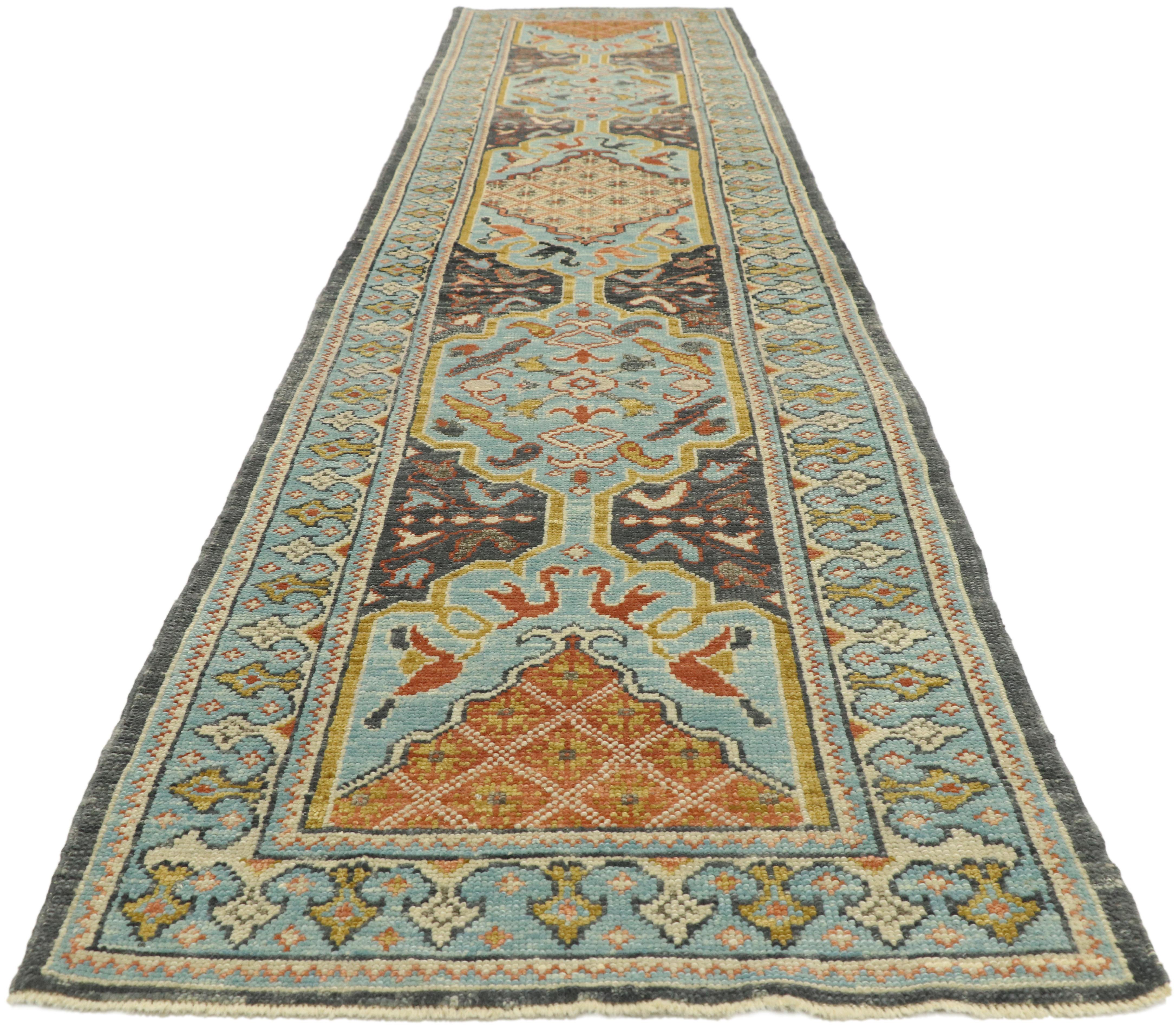 Hand-Knotted New Contemporary Turkish Oushak Runner with Modern Italian Cottage Style For Sale