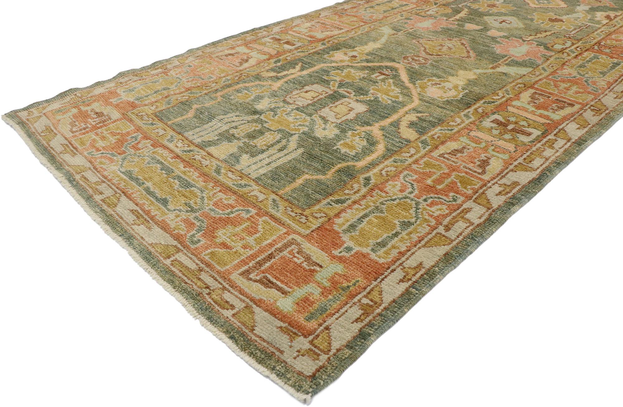 53385 New contemporary Turkish Oushak runner with modern Spanish Revival style. Displaying well-balanced asymmetry and eclectic refinement combined with timeless elegance of Spanish design aesthetics, this hand knotted wool new contemporary Turkish