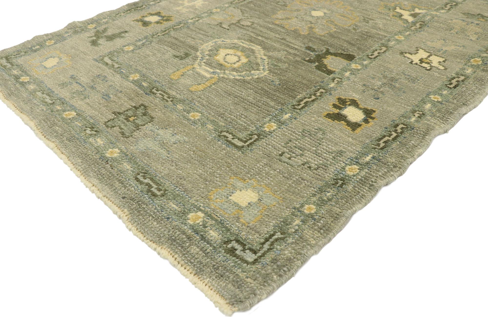 52816, new contemporary Turkish Oushak Runner with modern style. This hand knotted wool new contemporary Turkish Oushak runner features an all-over botanical pattern composed of Harshang style motifs, blooming palmettes, leafy tendrils, and organic