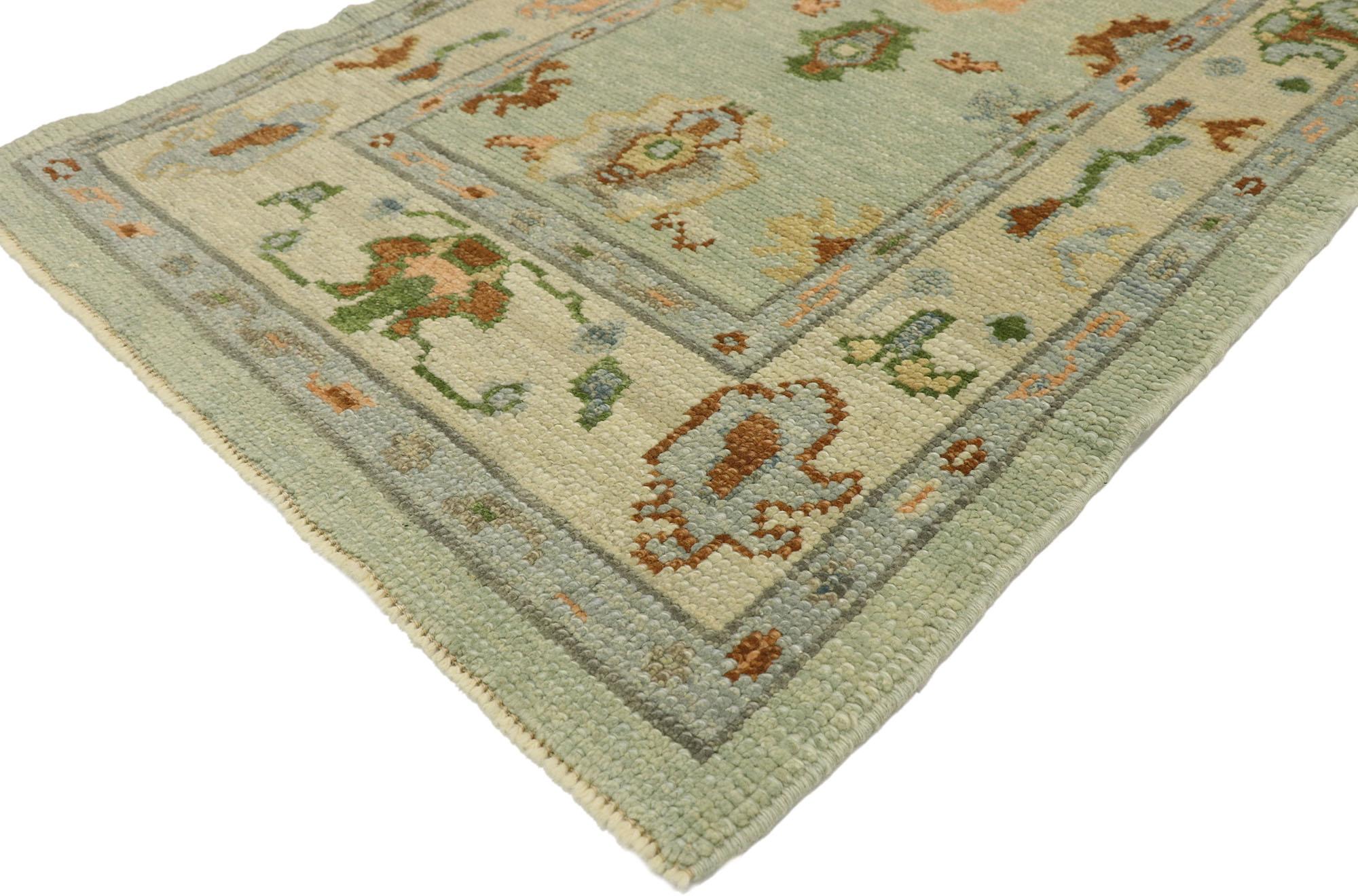 52824, new contemporary Turkish Oushak runner with modern style 02'10 x 07'01. This hand knotted wool new contemporary Turkish Oushak runner features an all-over botanical pattern composed of Harshang-style motifs, palmettes, stylized florals,