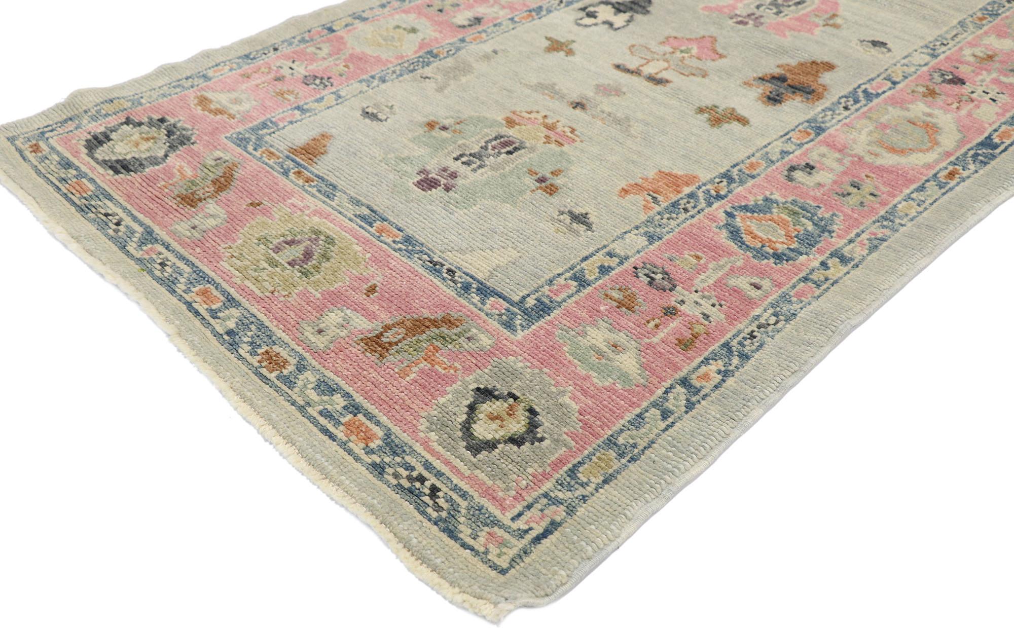 53419, new Contemporary Turkish Oushak Runner with Modern style. Blending elements from the modern world with vibrant colors, this hand knotted wool contemporary Turkish Oushak runner will boost the coziness factor in nearly any space. It features