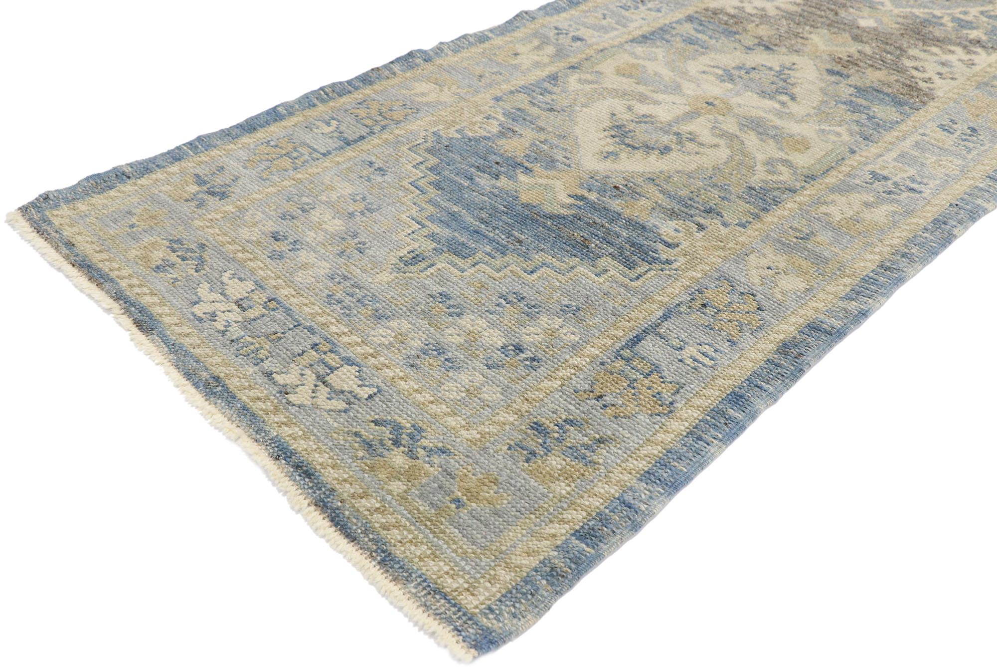 53541, new contemporary Turkish Oushak Runner with Modern style. Elegant simplicity meets modern style in this hand-knotted wool contemporary Turkish Oushak runner. Set with three elaborate medallions decorated with a botanical pattern against an