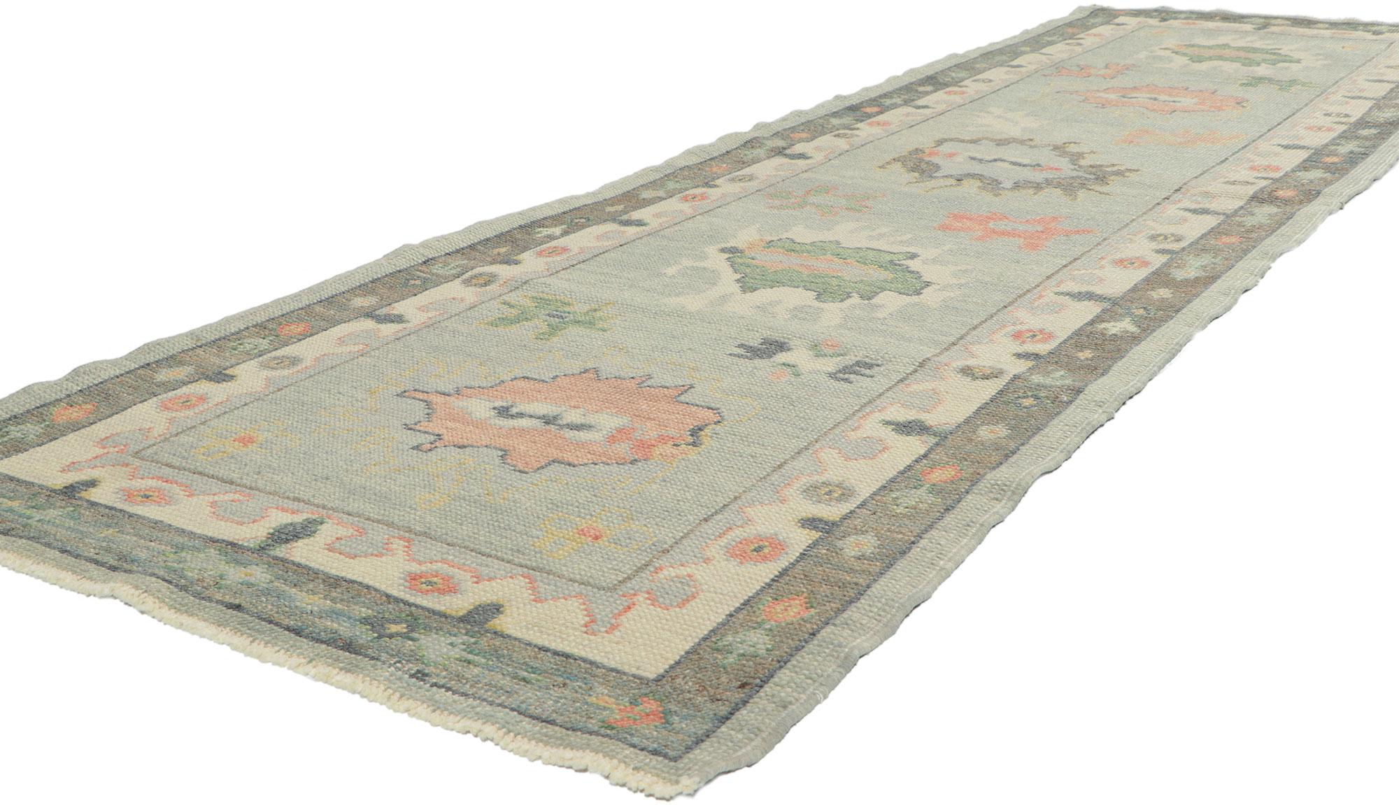53814 New Contemporary Turkish oushak hallway runner with modern style 03'00 x 10'03.? This hand-knotted wool contemporary Turkish Oushak runner features an all-over botanical pattern composed of amorphous organic motifs spread across an abrashed