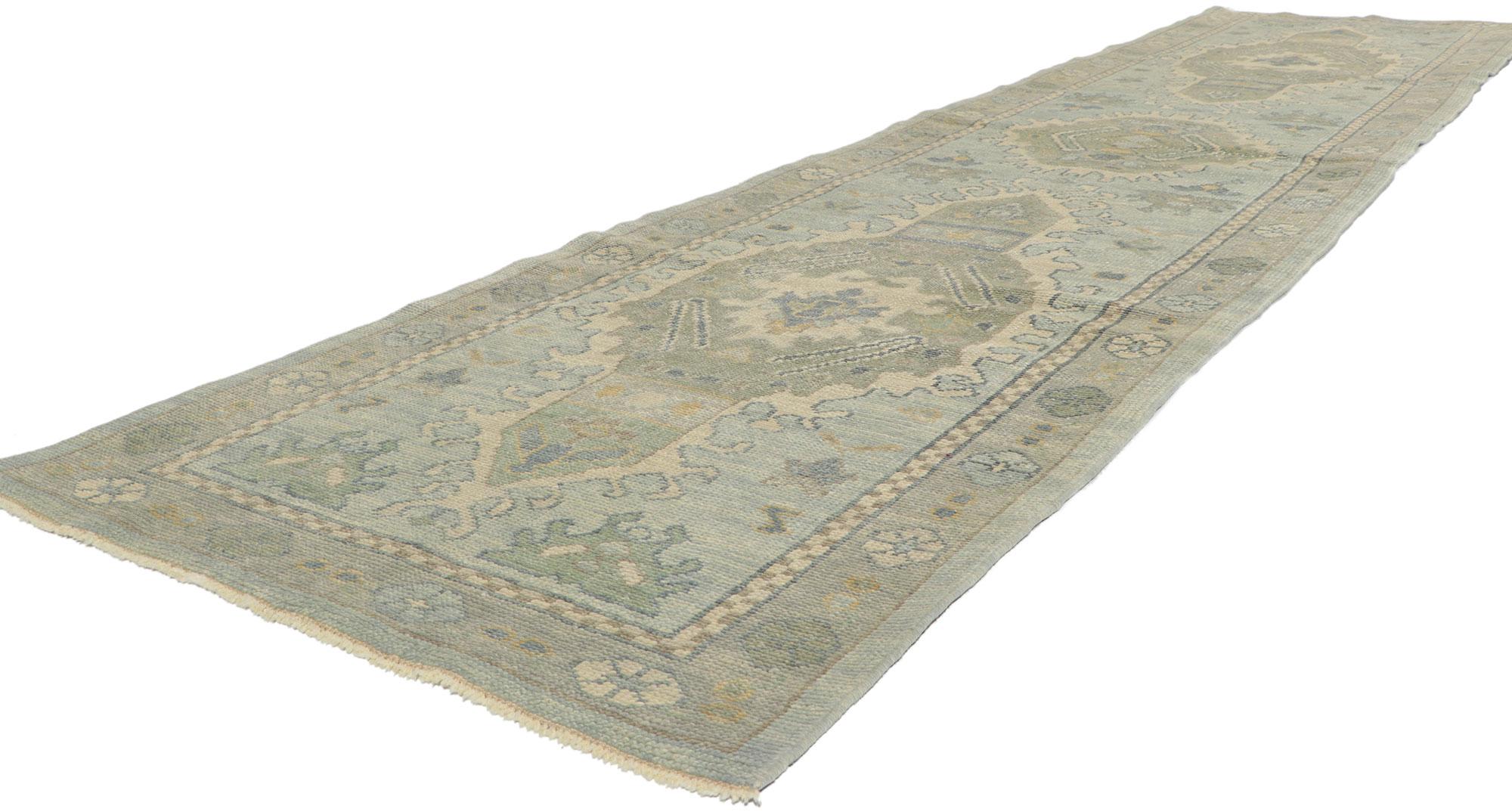 53809 New Contemporary Turkish Oushak Hallway runner with Modern Style 03'01 x 13'04. This hand-knotted wool contemporary Turkish Oushak runner features a geometric pattern composed of an array of botanical motifs and ambiguous Anatolian motifs