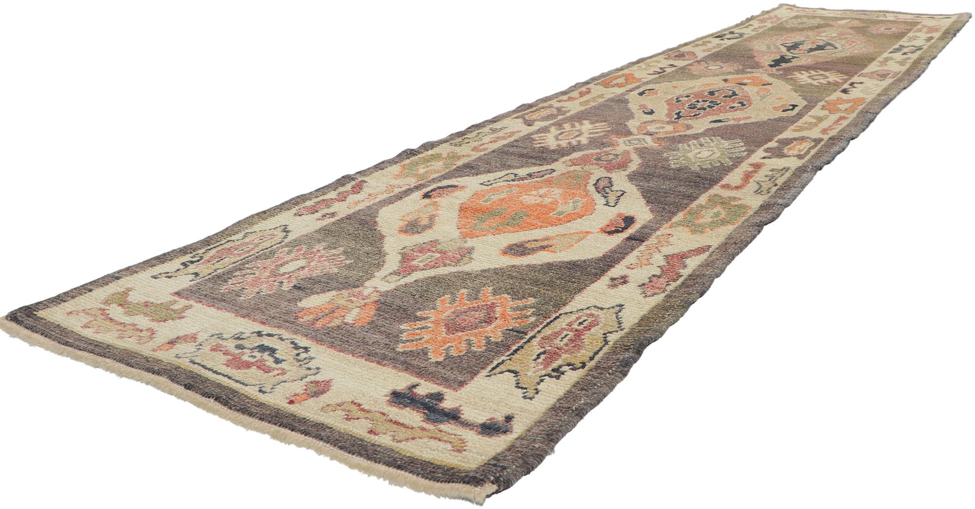 53793 Modern Earthy Turkish Oushak Rug Runner, 02'10 x 12'05.
Warm and inviting combined with incredible detail and texture, this modern Oushak rug runner is a captivating vision of woven beauty. The expressive design and earth-tone colors woven