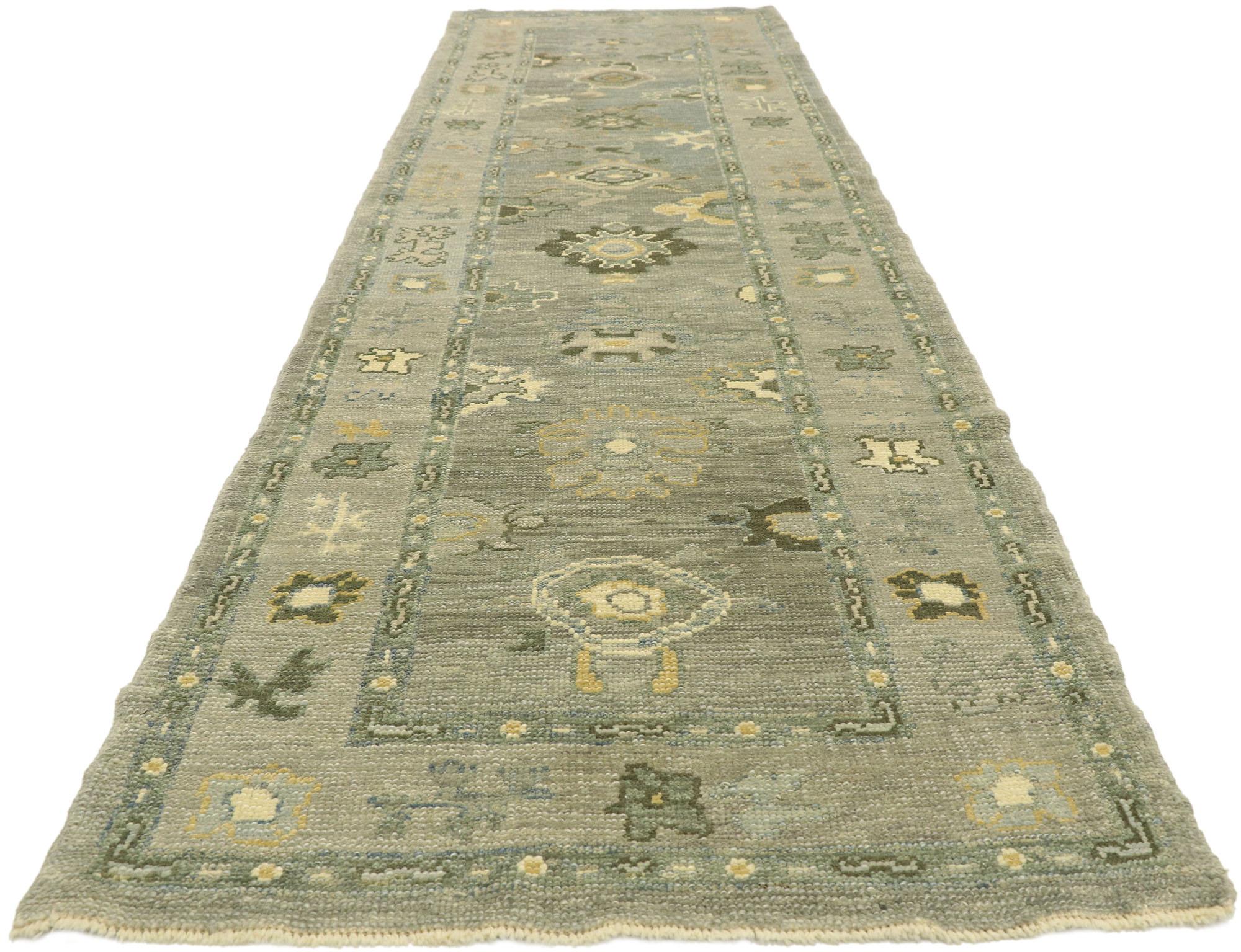 Hand-Knotted New Contemporary Turkish Oushak Runner with Modern Style For Sale