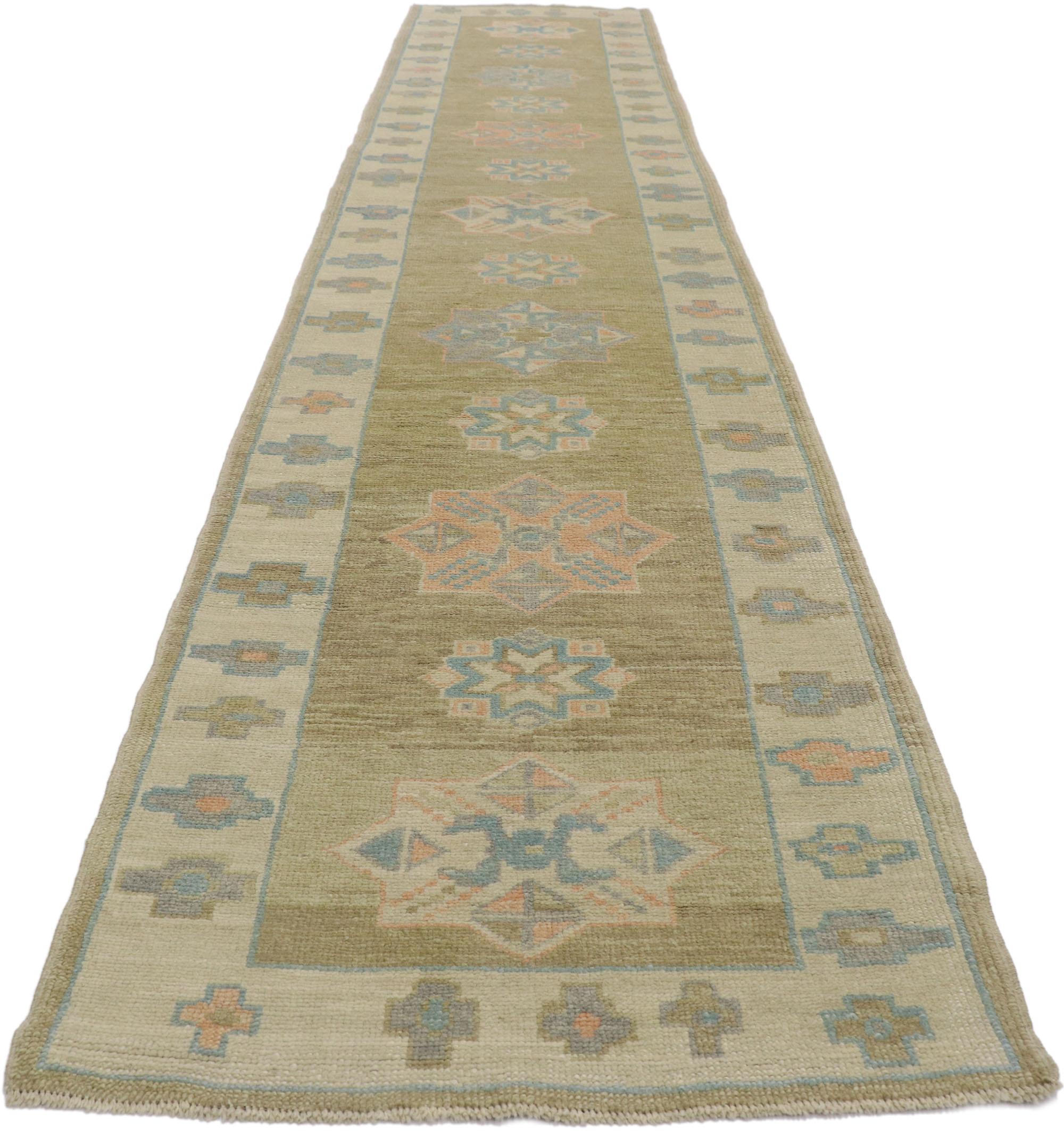 Hand-Knotted New Contemporary Turkish Oushak Runner with Modern Style For Sale