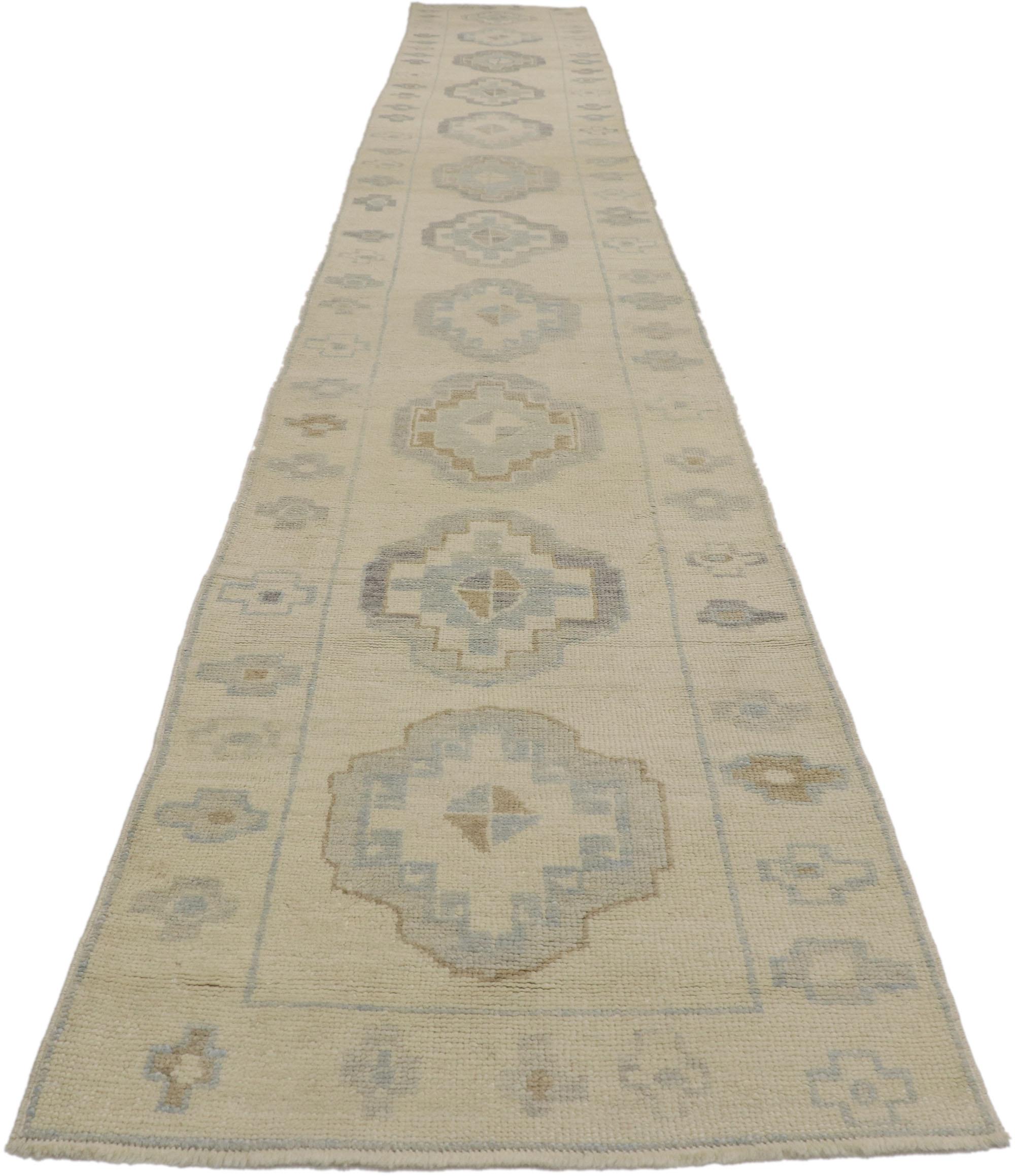 Hand-Knotted New Contemporary Turkish Oushak Runner with Modern Style For Sale
