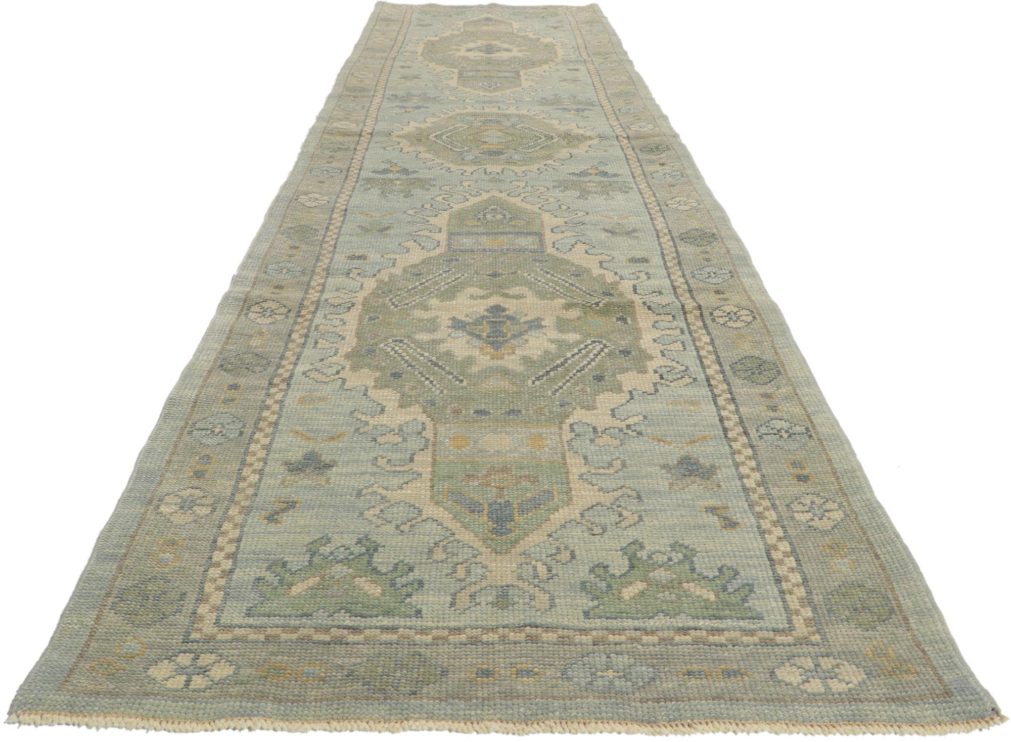 Hand-Knotted New Turkish Oushak Runner with Modern Style For Sale
