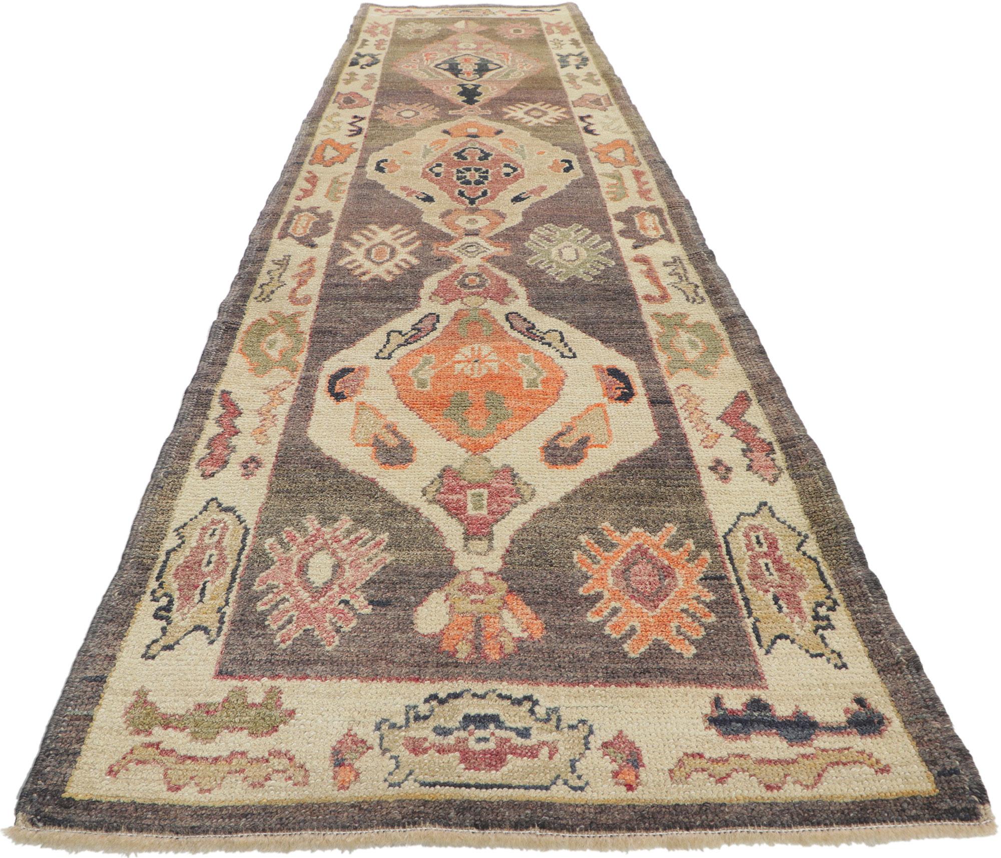 Hand-Knotted Modern Oushak Turkish Runner, Contemporary Elegance Meets Earthy Chic For Sale