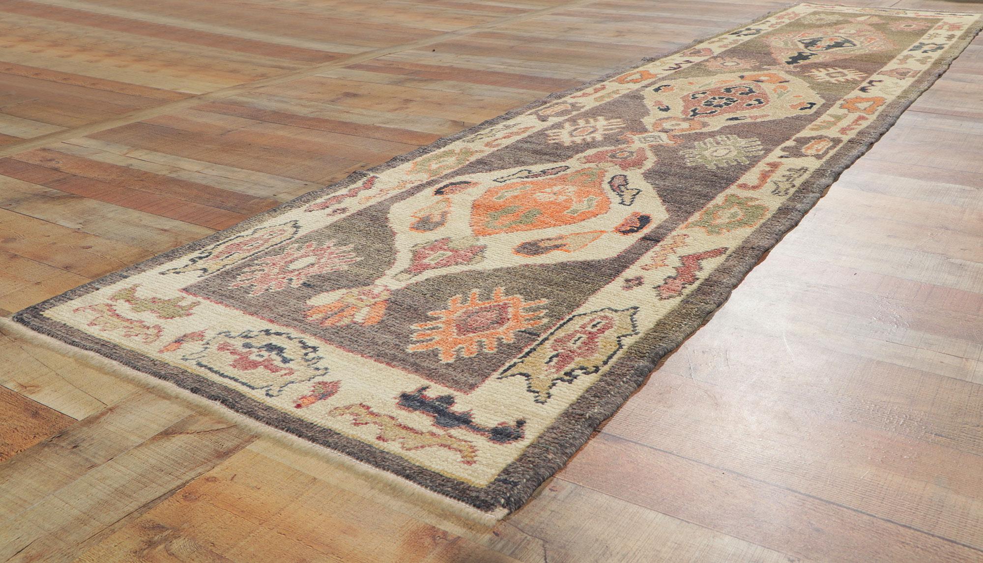 Modern Oushak Turkish Runner, Contemporary Elegance Meets Earthy Chic For Sale 1