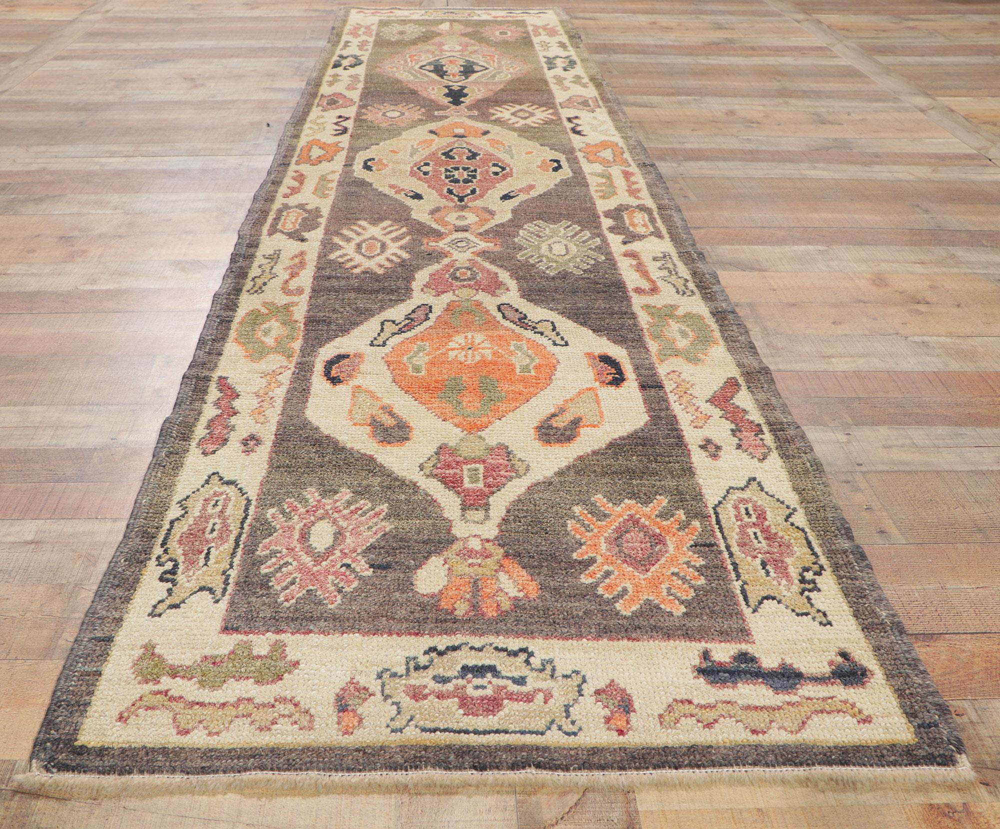 Modern Oushak Turkish Runner, Contemporary Elegance Meets Earthy Chic For Sale 2