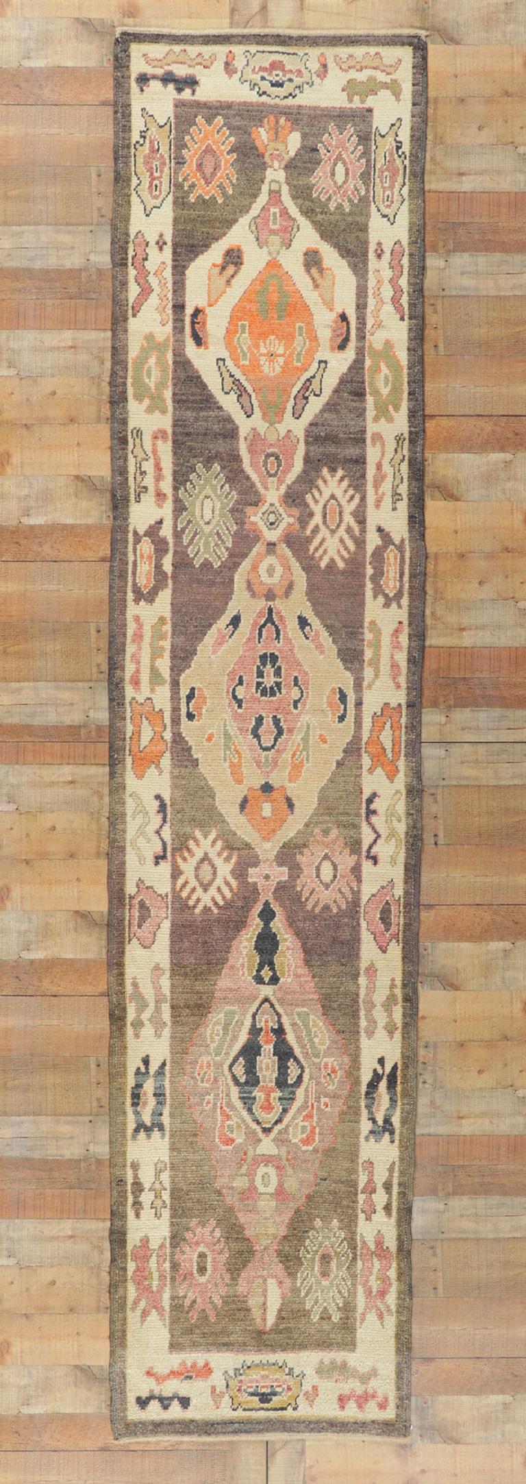 Modern Oushak Turkish Runner, Contemporary Elegance Meets Earthy Chic For Sale 3
