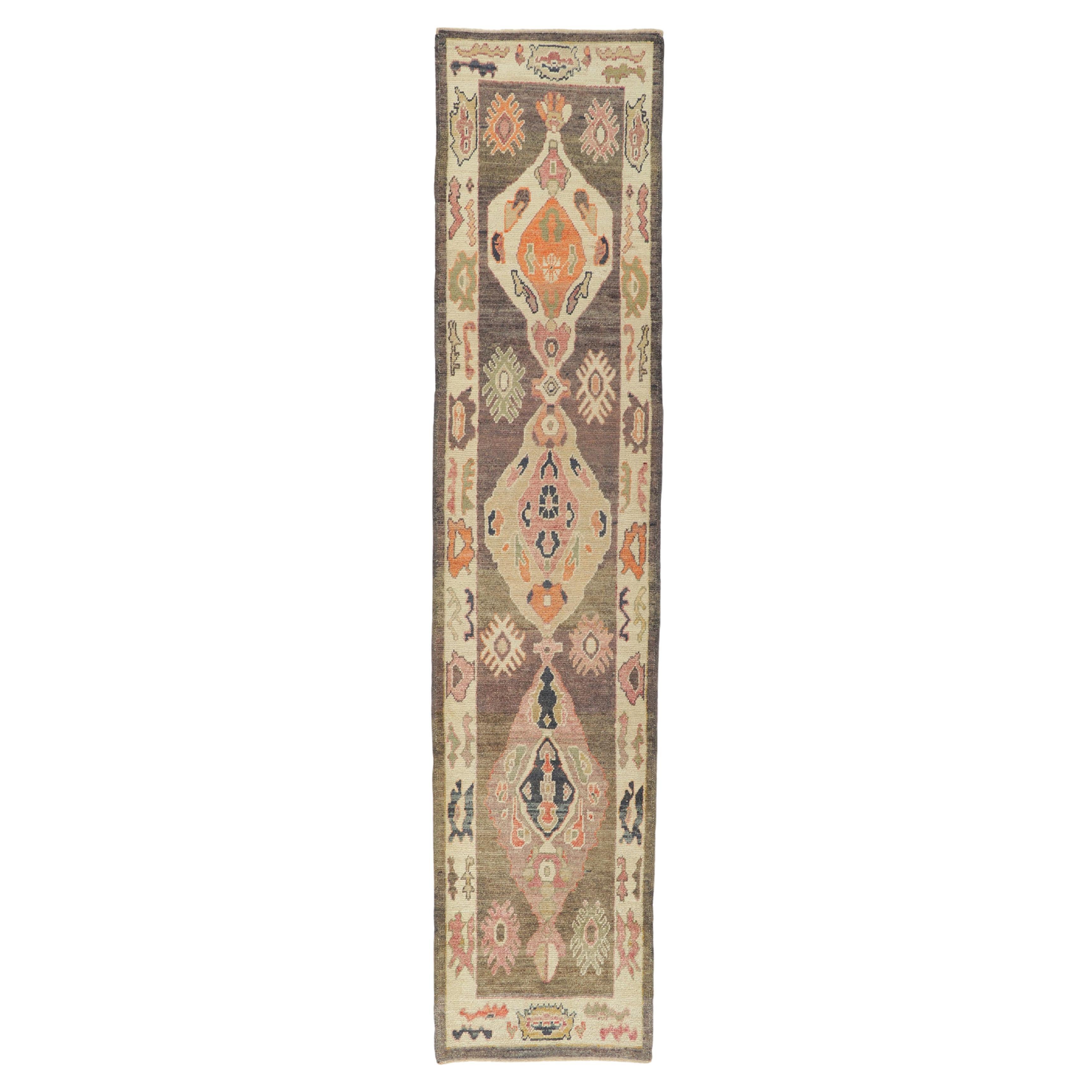 Modern Oushak Turkish Runner, Contemporary Elegance Meets Earthy Chic For Sale