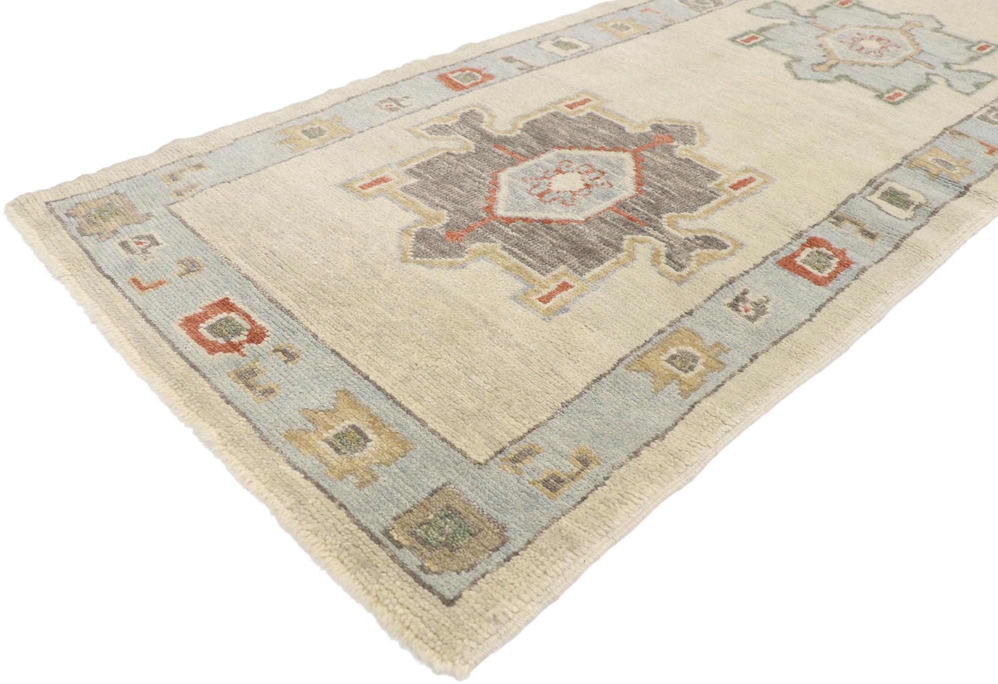 53540 New Contemporary Turkish Oushak runner with Modern Transitional Style 02'11 x 16'04. Simplicity meets modern style in this hand-knotted wool contemporary Turkish Oushak runner. The abrashed oatmeal colored field features five amulets patterned