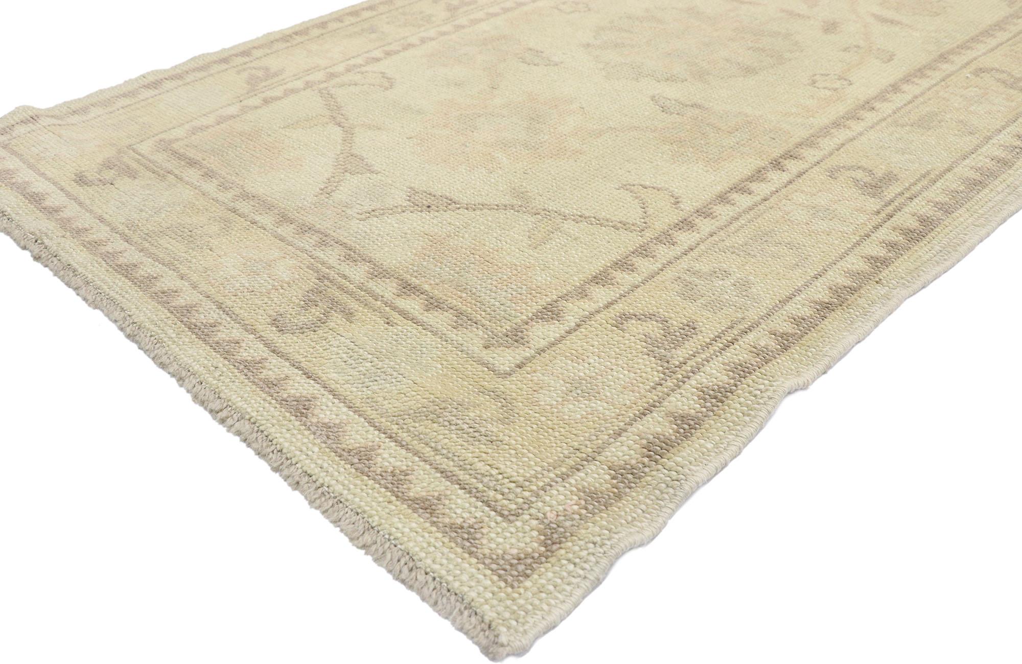 51621 New contemporary Turkish Oushak runner with modern transitional Style 03'00 x 13'00. Elegant simplicity meets transitional style in this hand-knotted wool contemporary Turkish Oushak runner. The abrashed field features an all-over botanical
