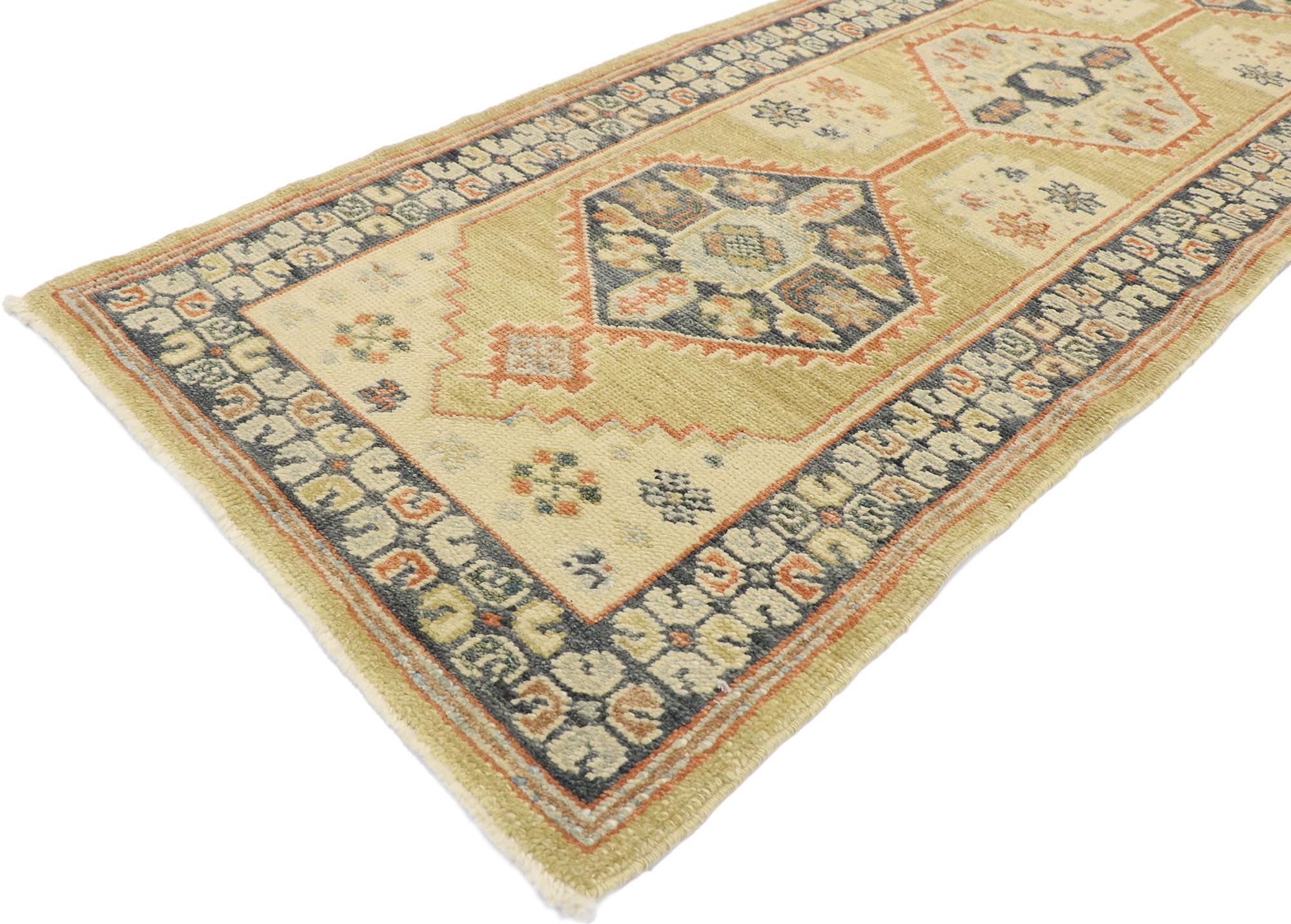 53487, new contemporary Turkish Oushak runner with Modern Tribal style. With its bold expressive design, incredible detail and texture, this hand-knotted wool contemporary Turkish Oushak rug is a captivating vision of woven beauty. The abrashed tan