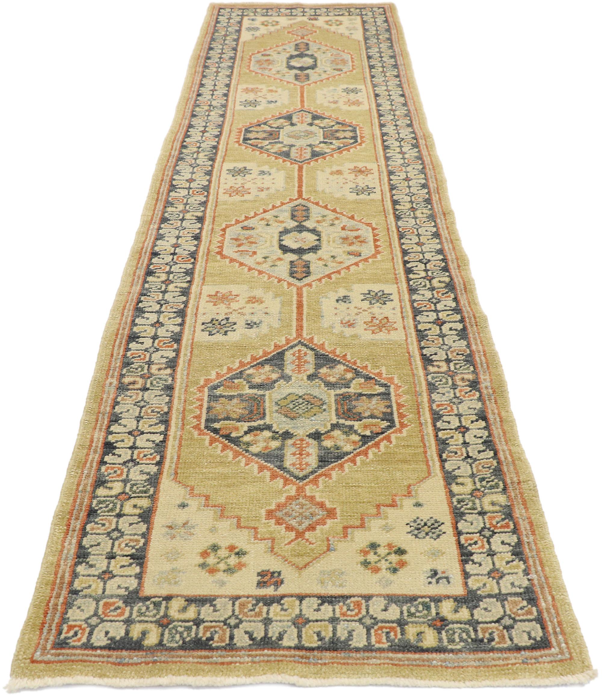 Hand-Knotted New Contemporary Turkish Oushak Runner with Modern Tribal Style For Sale
