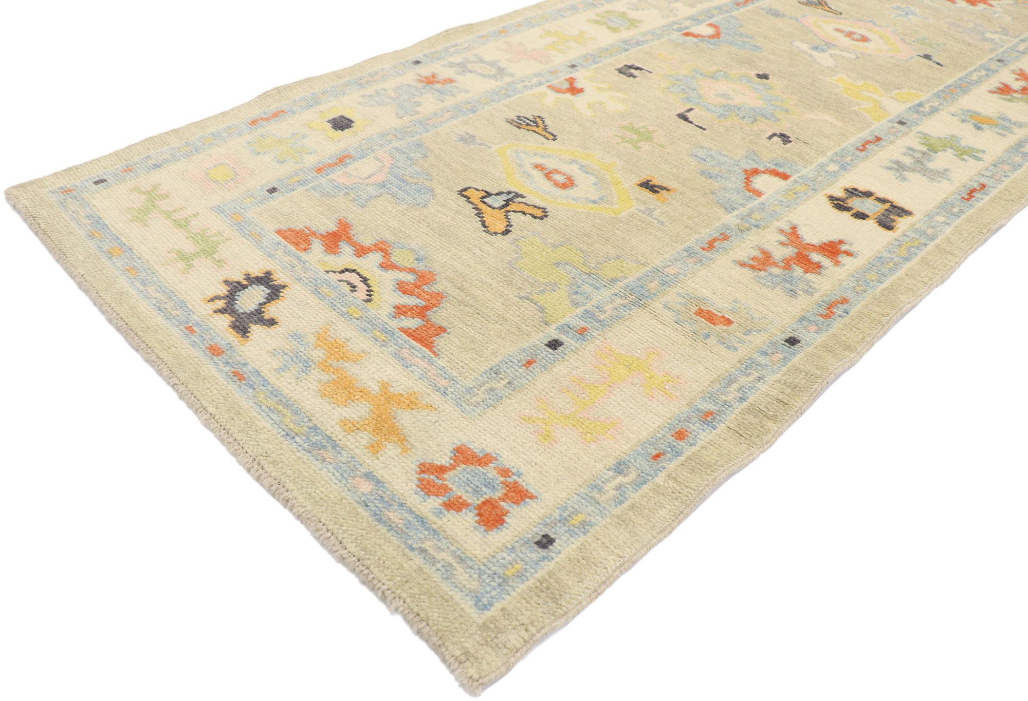 53543 new contemporary Turkish oushak Runner with transitional modern style 03'00 x 15'08. Blending elements from the modern world with vibrant colors, this hand knotted wool contemporary Turkish Oushak runner will boost the coziness factor in